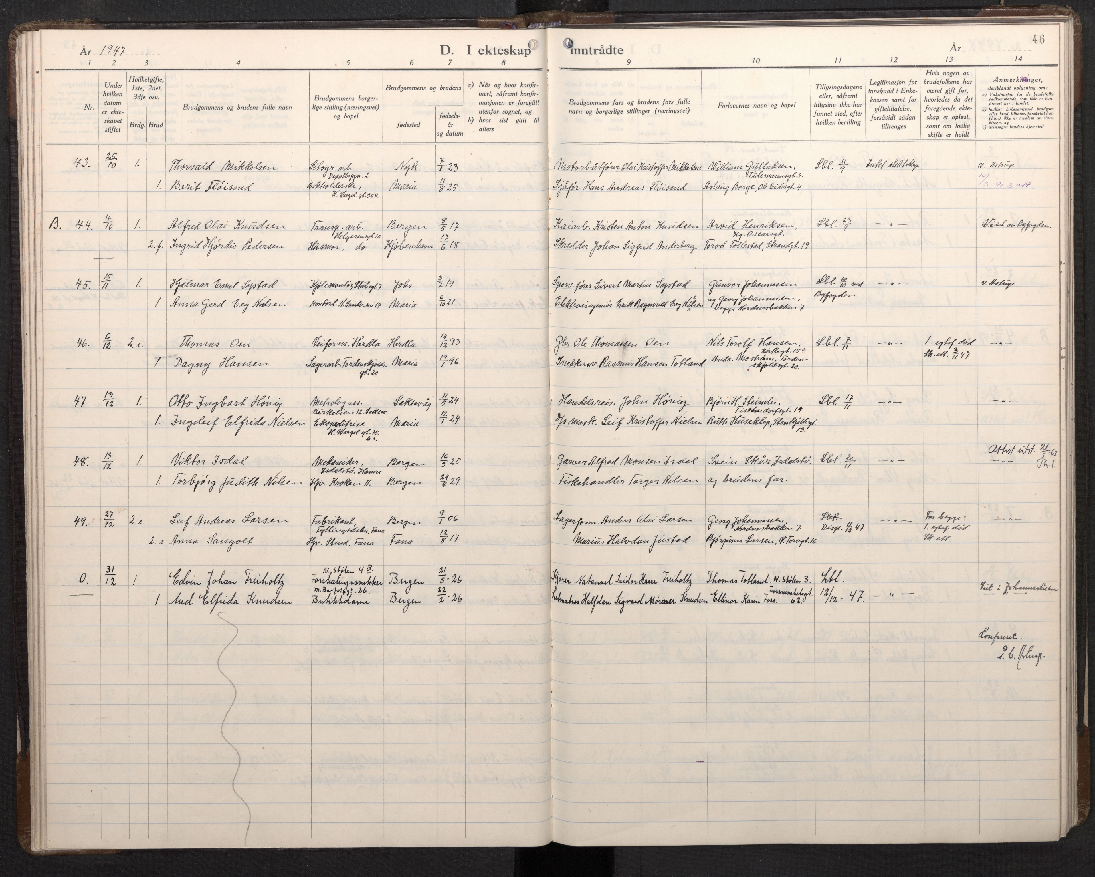 Mariakirken Sokneprestembete, AV/SAB-A-76901/H/Haa/L0019: Parish register (official) no. D 1, 1939-1963, p. 45b-46a