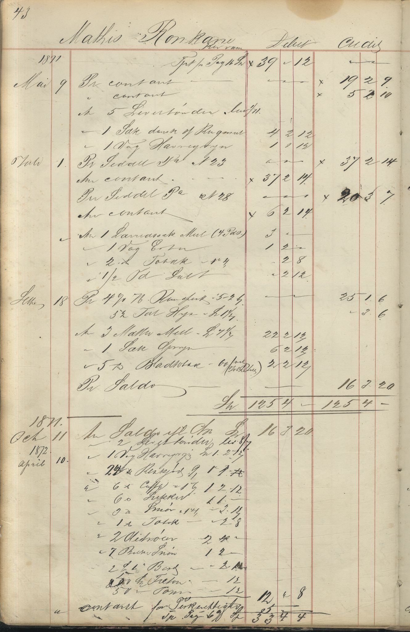 Brodtkorb handel A/S, VAMU/A-0001/F/Fc/L0001/0001: Konto for kvener og nordmenn på Kolahalvøya  / Conto for Kvæner og Nordmænd paa Russefinmarken No 1, 1868-1894, p. 43