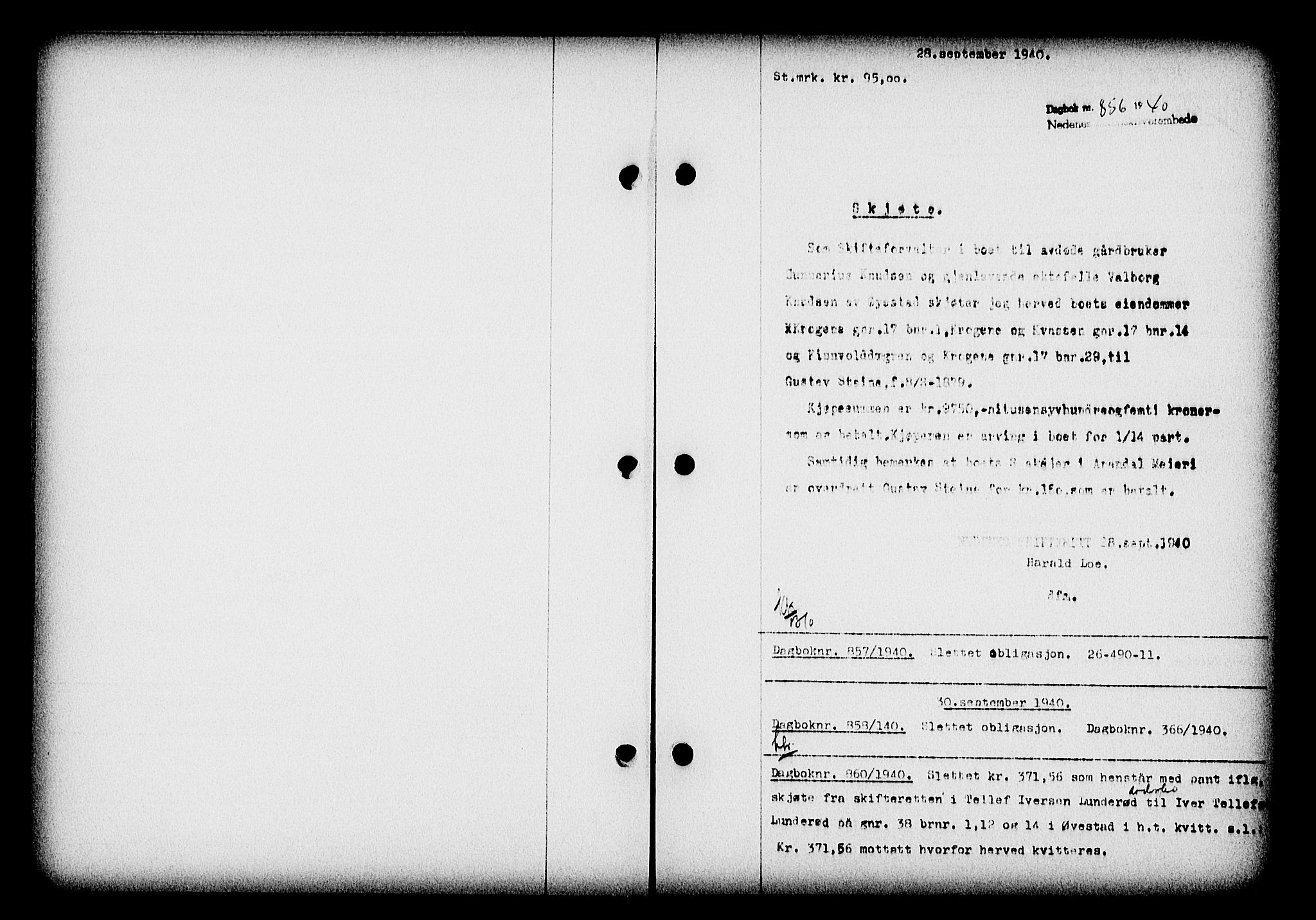 Nedenes sorenskriveri, SAK/1221-0006/G/Gb/Gba/L0047: Mortgage book no. A-I, 1939-1940, Diary no: : 856/1940