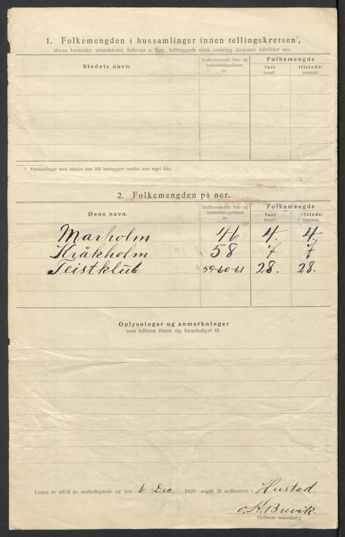 SAT, 1920 census for Hustad, 1920, p. 8