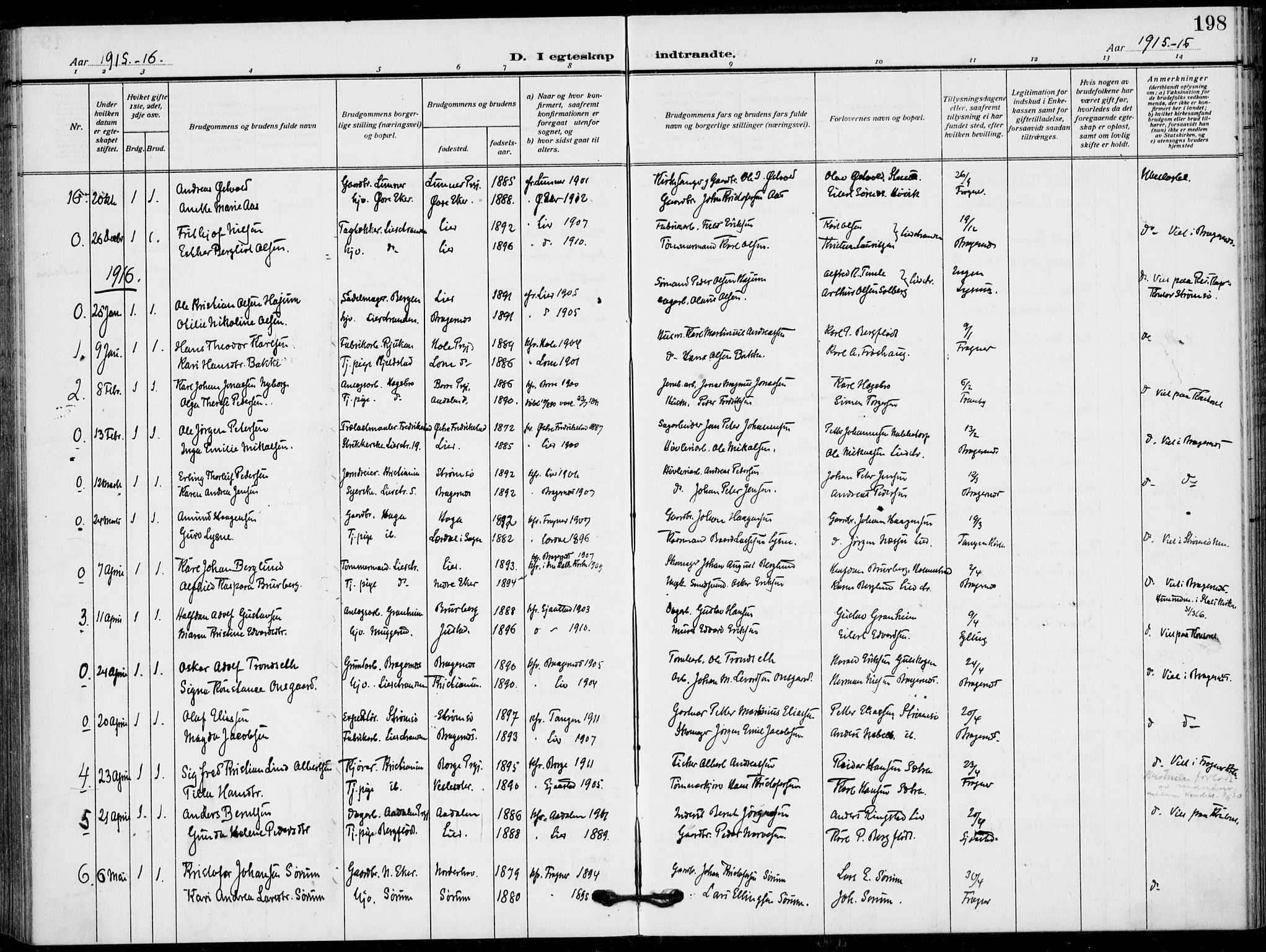 Lier kirkebøker, AV/SAKO-A-230/F/Fa/L0018: Parish register (official) no. I 18, 1909-1917, p. 198