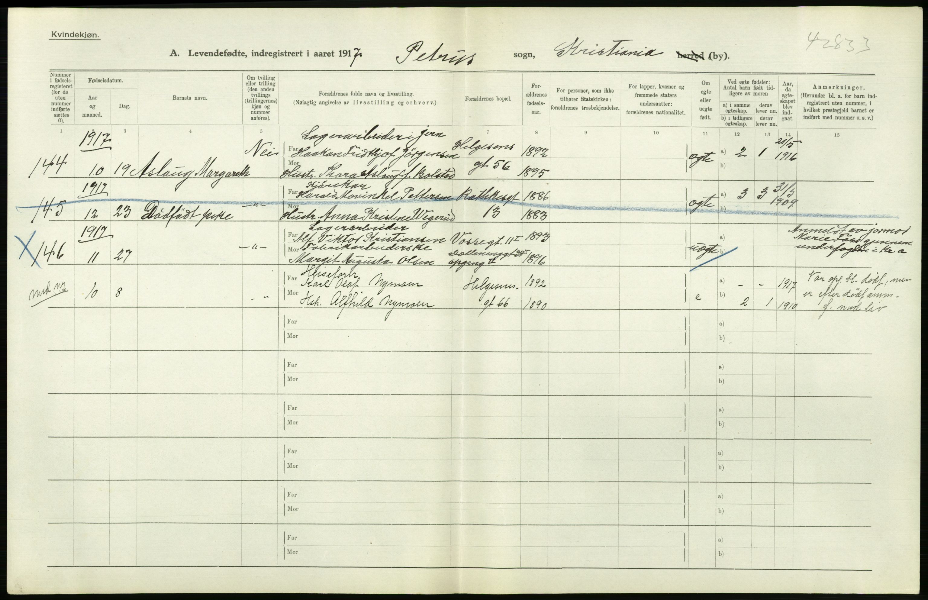 Statistisk sentralbyrå, Sosiodemografiske emner, Befolkning, RA/S-2228/D/Df/Dfb/Dfbg/L0006: Kristiania: Levendefødte menn og kvinner., 1917, p. 512