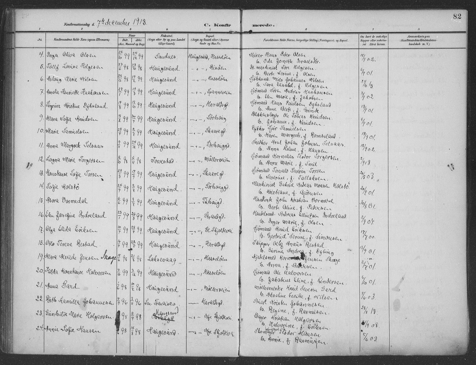 Haugesund sokneprestkontor, AV/SAST-A -101863/H/Ha/Haa/L0007: Parish register (official) no. A 7, 1904-1916, p. 82