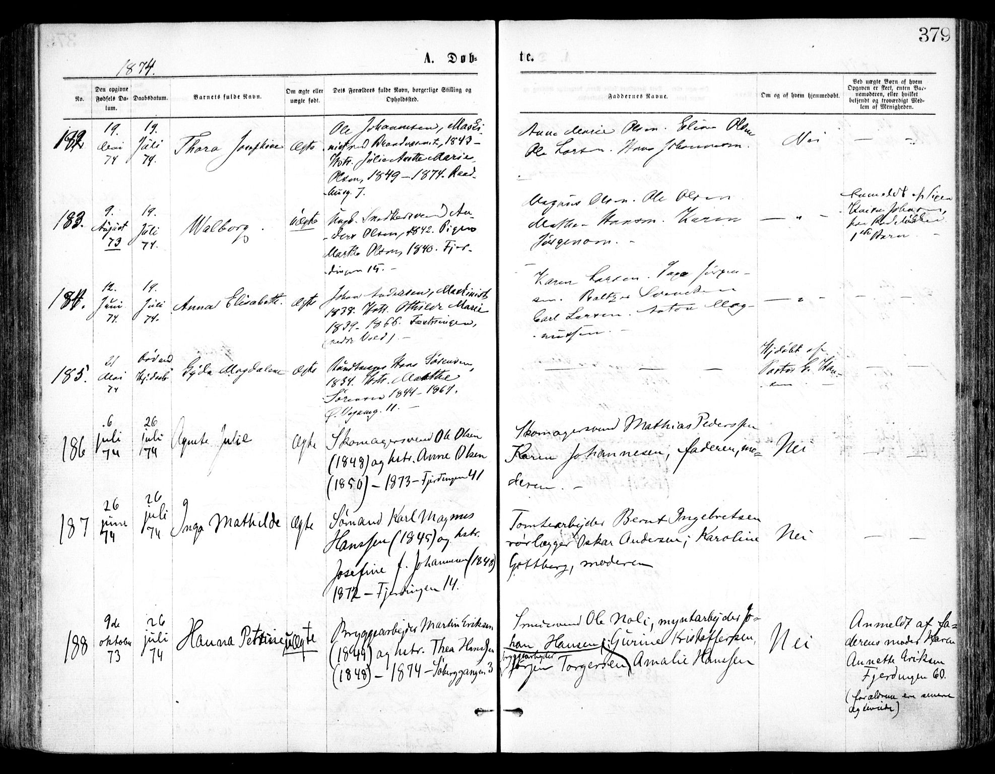 Oslo domkirke Kirkebøker, SAO/A-10752/F/Fa/L0017: Parish register (official) no. 17, 1869-1878, p. 379