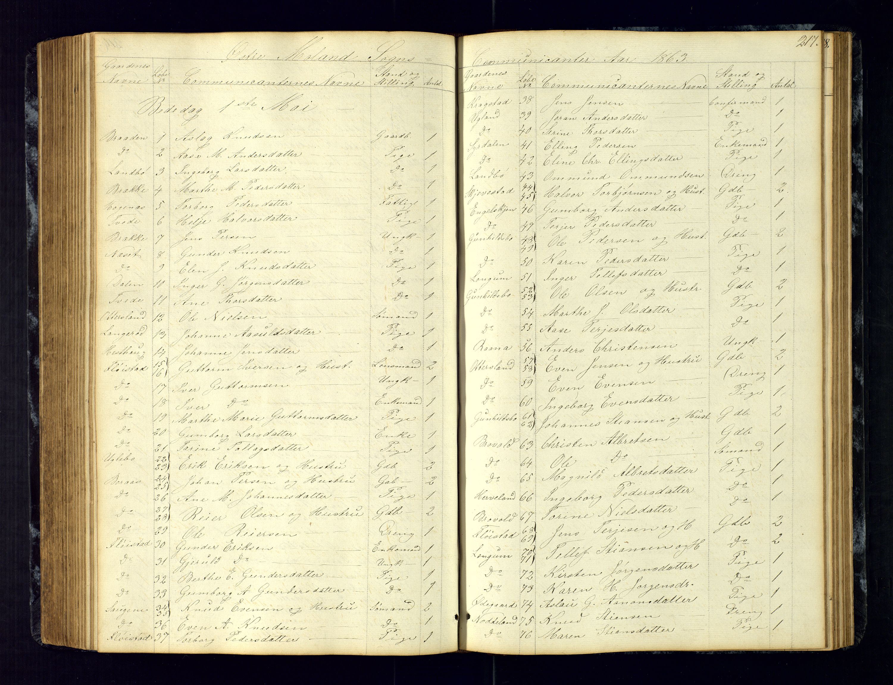 Austre Moland sokneprestkontor, AV/SAK-1111-0001/F/Fc/Fca/L0002: Communicants register no. C-2, 1851-1867, p. 217