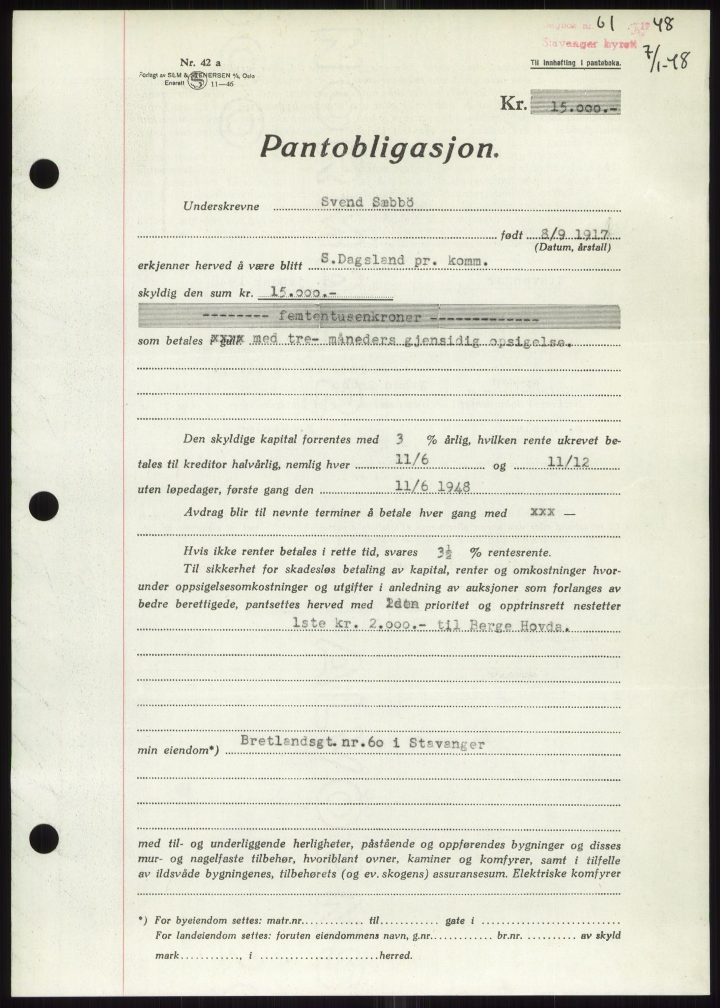 Stavanger byrett, SAST/A-100455/002/G/Gb/L0032: Mortgage book, 1947-1950, Diary no: : 61/1948