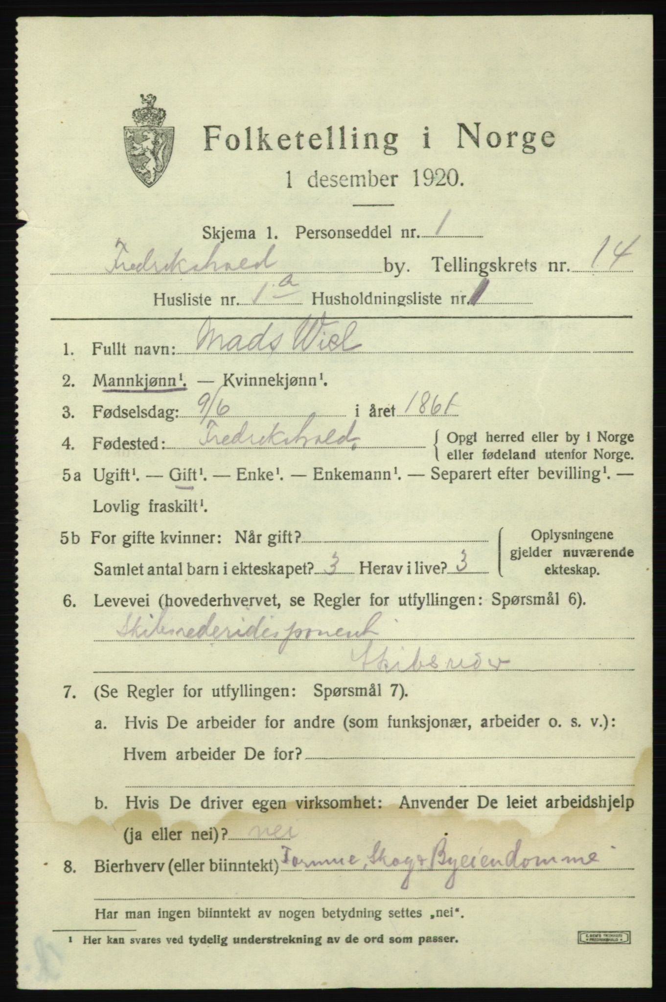 SAO, 1920 census for Fredrikshald, 1920, p. 22145