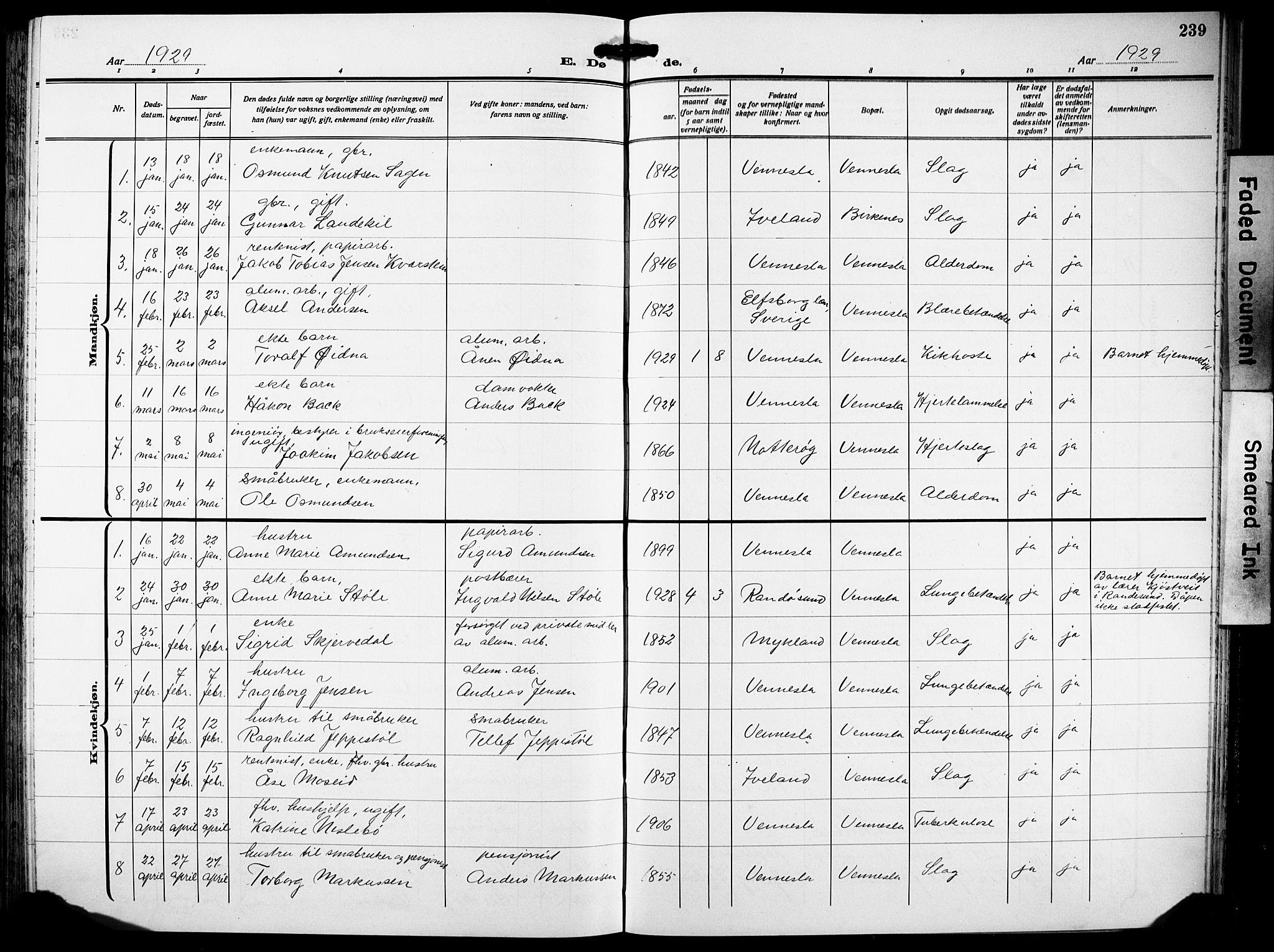 Vennesla sokneprestkontor, AV/SAK-1111-0045/Fb/Fbb/L0007: Parish register (copy) no. B 7, 1922-1933, p. 239