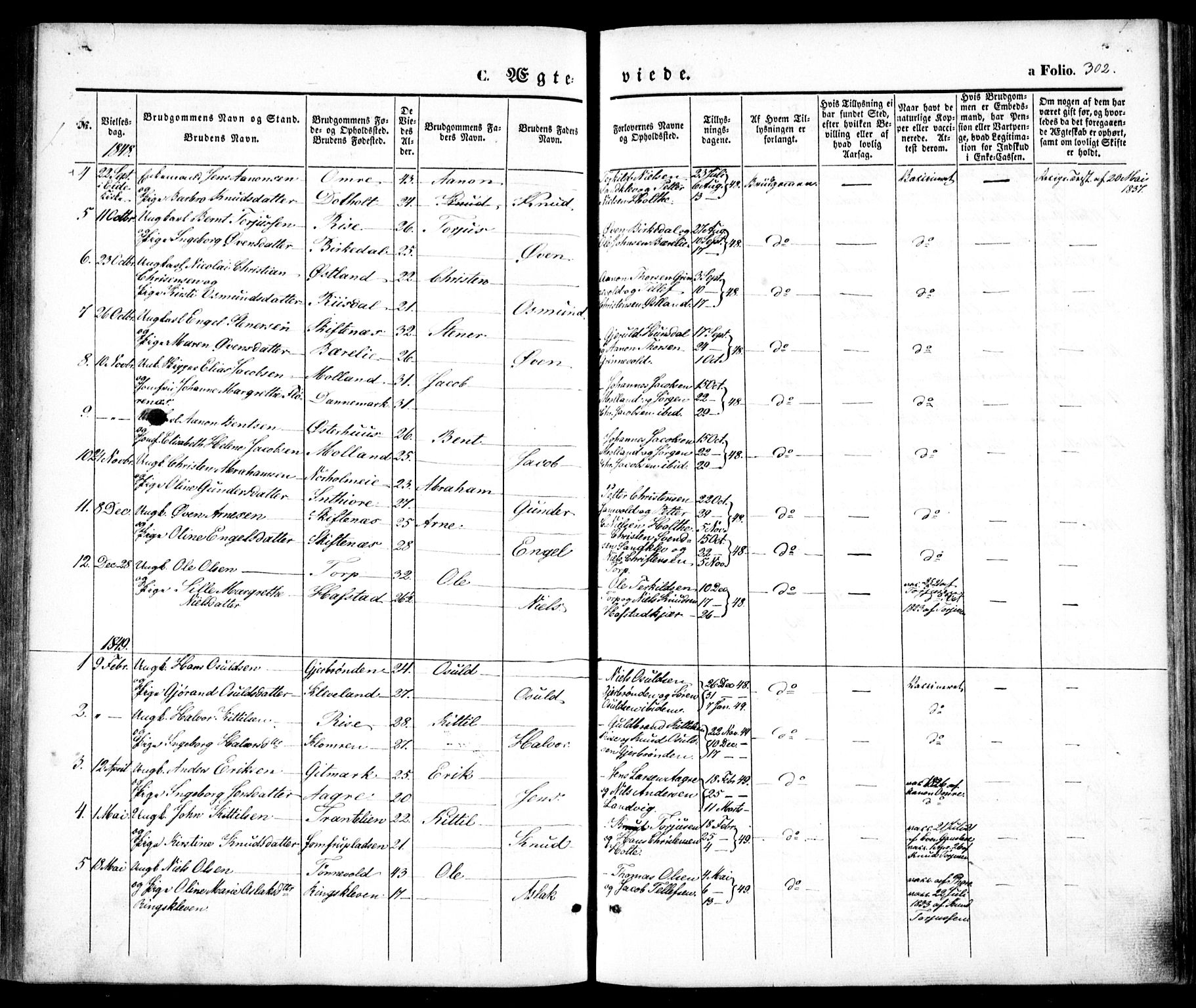 Hommedal sokneprestkontor, SAK/1111-0023/F/Fa/Fab/L0004: Parish register (official) no. A 4, 1848-1860, p. 302