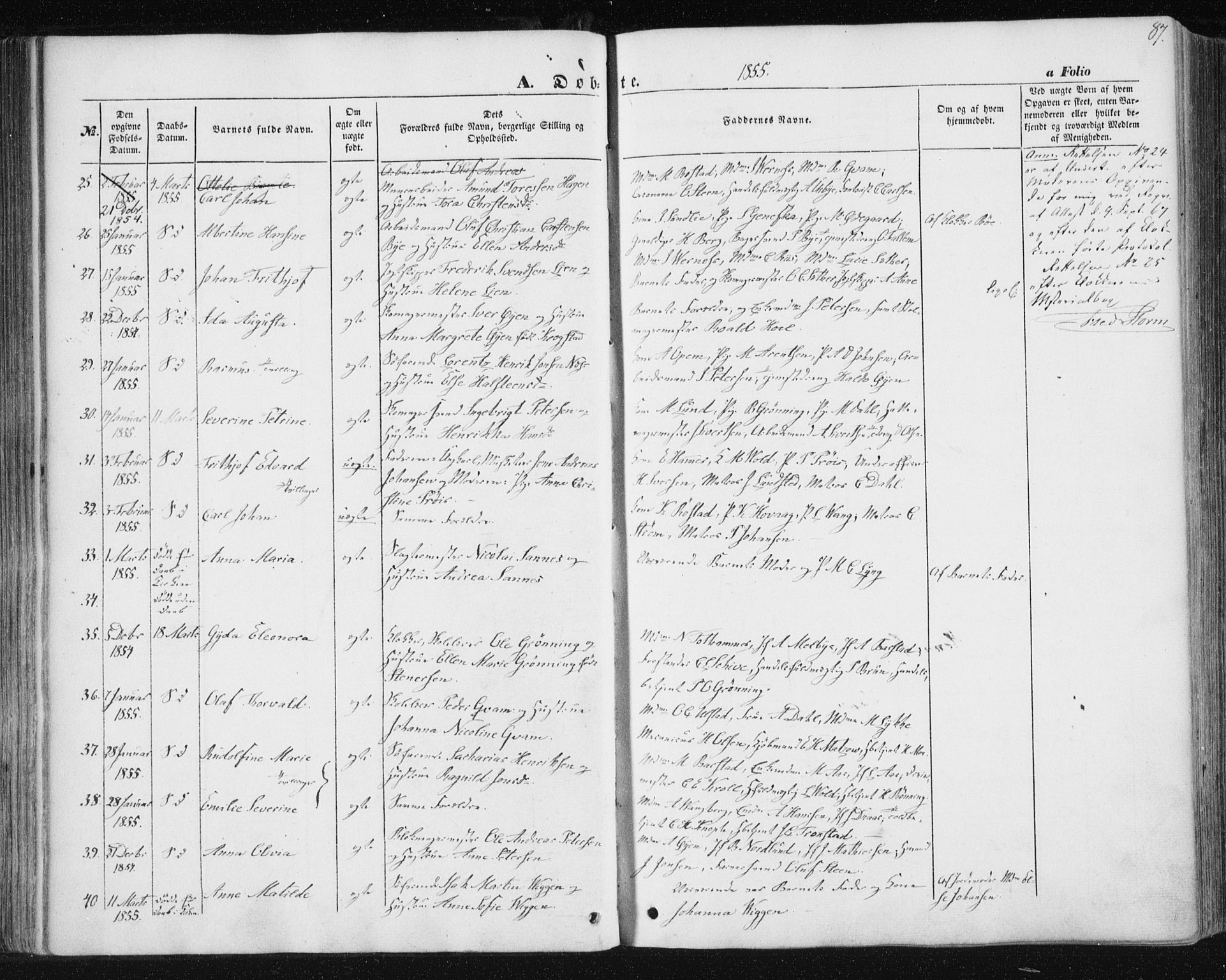 Ministerialprotokoller, klokkerbøker og fødselsregistre - Sør-Trøndelag, AV/SAT-A-1456/602/L0112: Parish register (official) no. 602A10, 1848-1859, p. 87