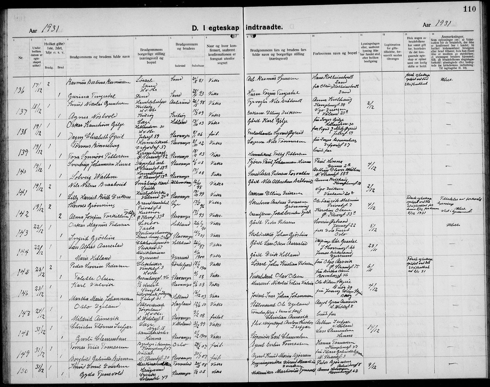 Domkirken sokneprestkontor, AV/SAST-A-101812/001/30/30BB/L0020: Parish register (copy) no. B 20, 1921-1937, p. 110