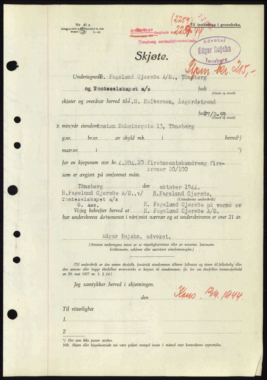 Tønsberg sorenskriveri, AV/SAKO-A-130/G/Ga/Gaa/L0016: Mortgage book no. A16, 1944-1945, Diary no: : 2259/1944