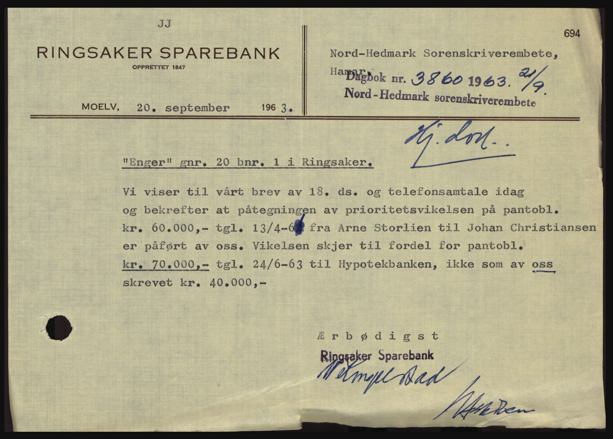 Nord-Hedmark sorenskriveri, SAH/TING-012/H/Hc/L0018: Mortgage book no. 18, 1963-1963, Diary no: : 3860/1963