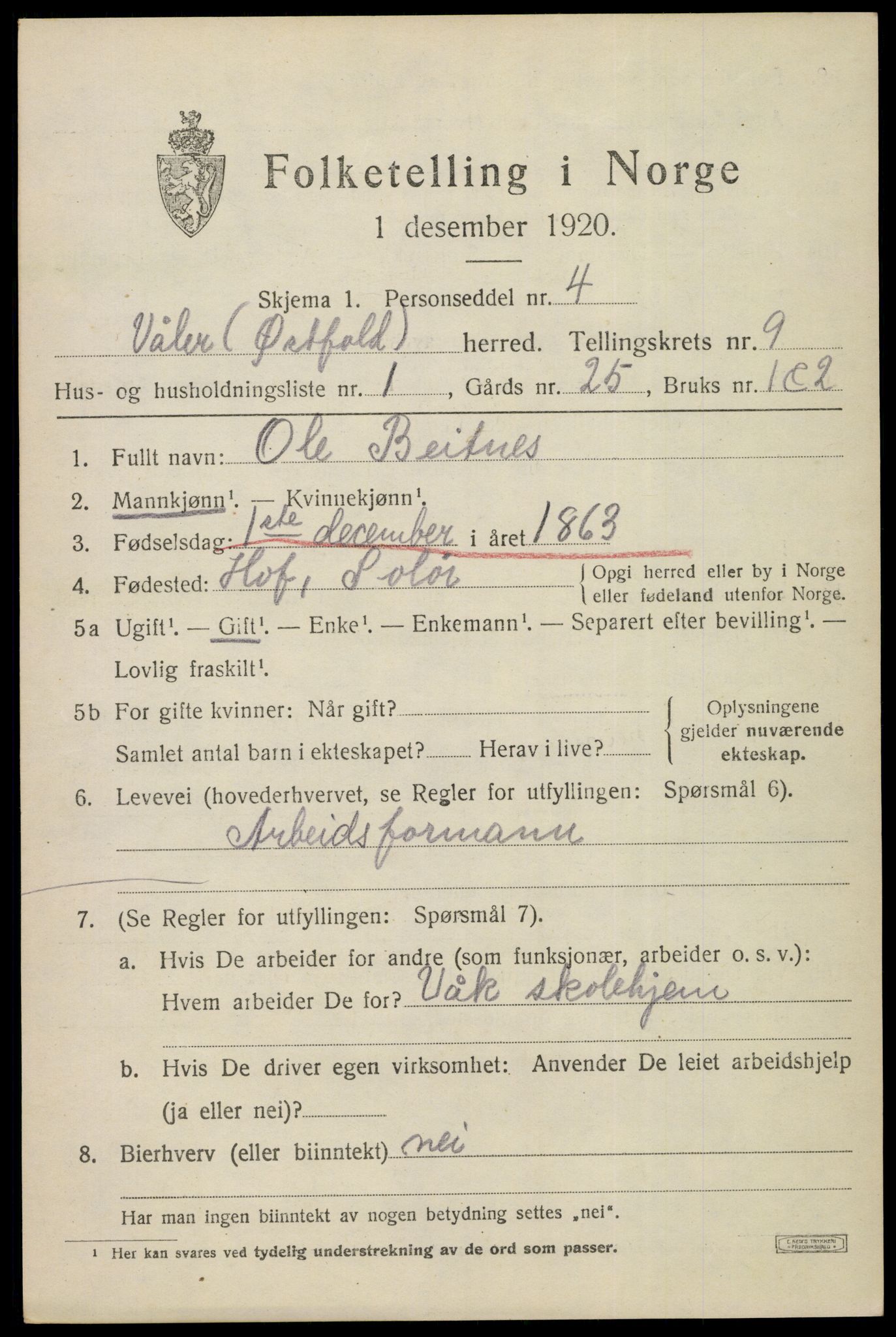 SAO, 1920 census for Våler, 1920, p. 4590