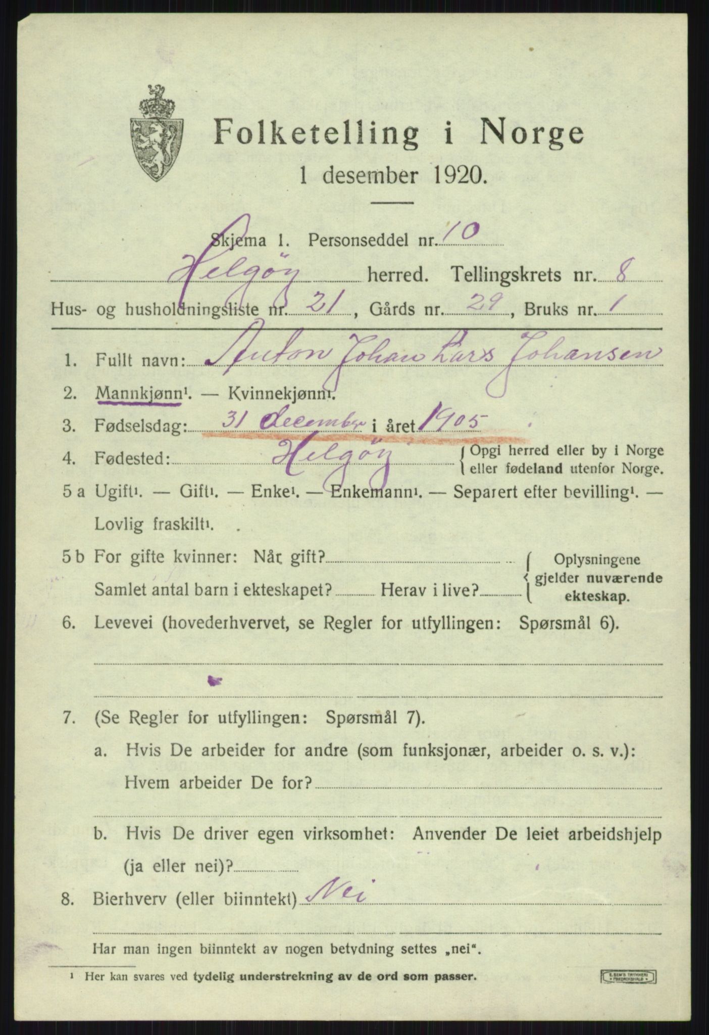 SATØ, 1920 census for Helgøy, 1920, p. 3156