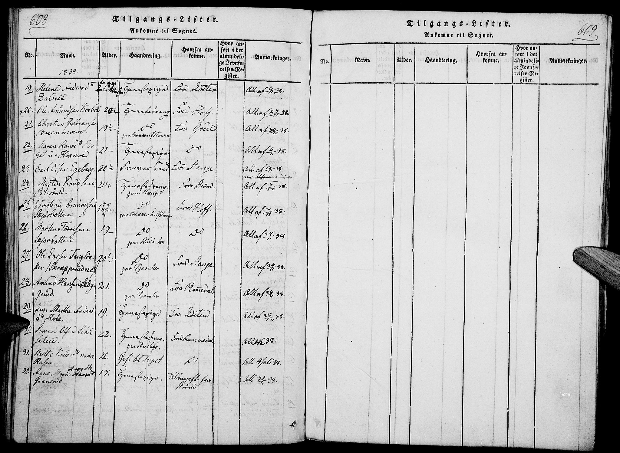 Nord-Odal prestekontor, AV/SAH-PREST-032/H/Ha/Haa/L0001: Parish register (official) no. 1, 1819-1838, p. 608-609