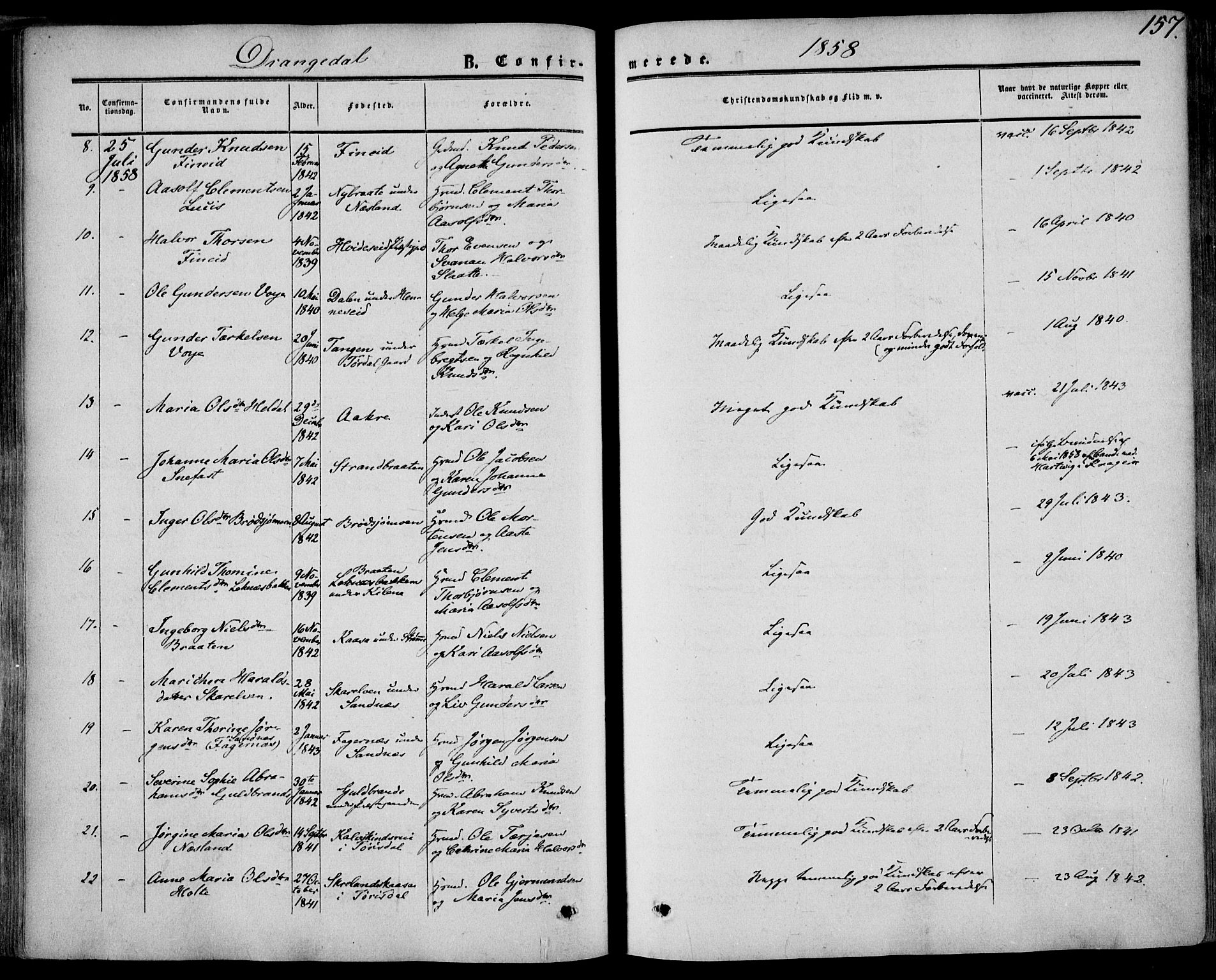 Drangedal kirkebøker, SAKO/A-258/F/Fa/L0008: Parish register (official) no. 8, 1857-1871, p. 157
