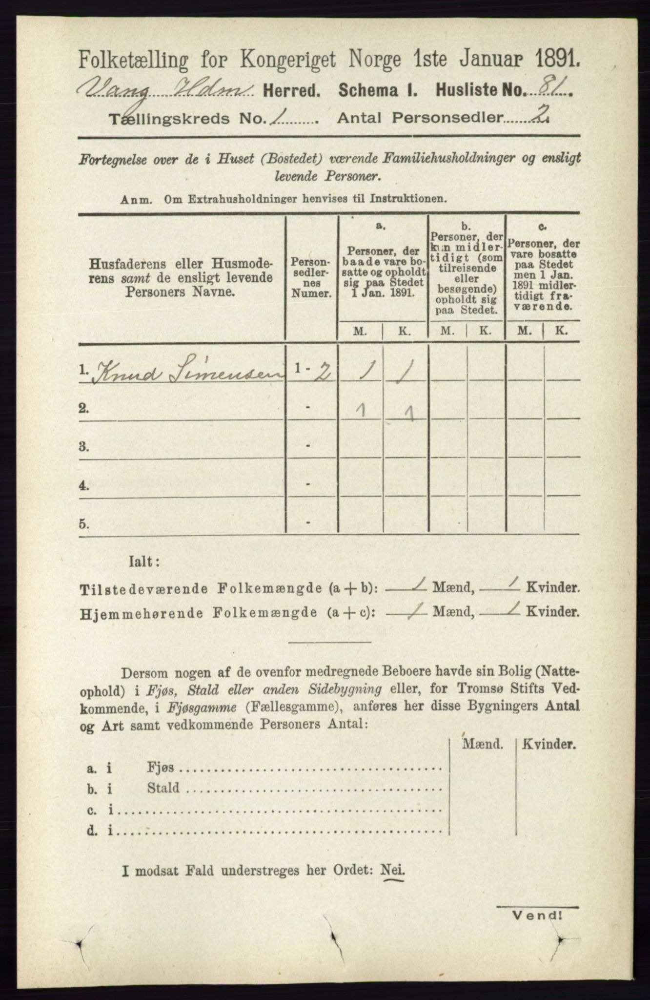 RA, 1891 census for 0414 Vang, 1891, p. 130