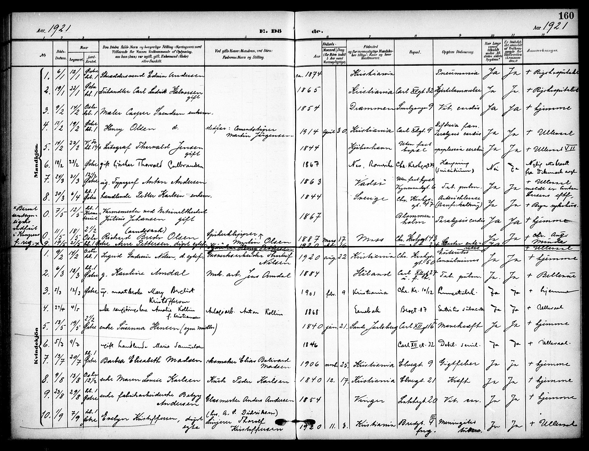 Vaterland prestekontor Kirkebøker, AV/SAO-A-10880/F/Fa/L0002: Parish register (official) no. 2, 1907-1921, p. 160