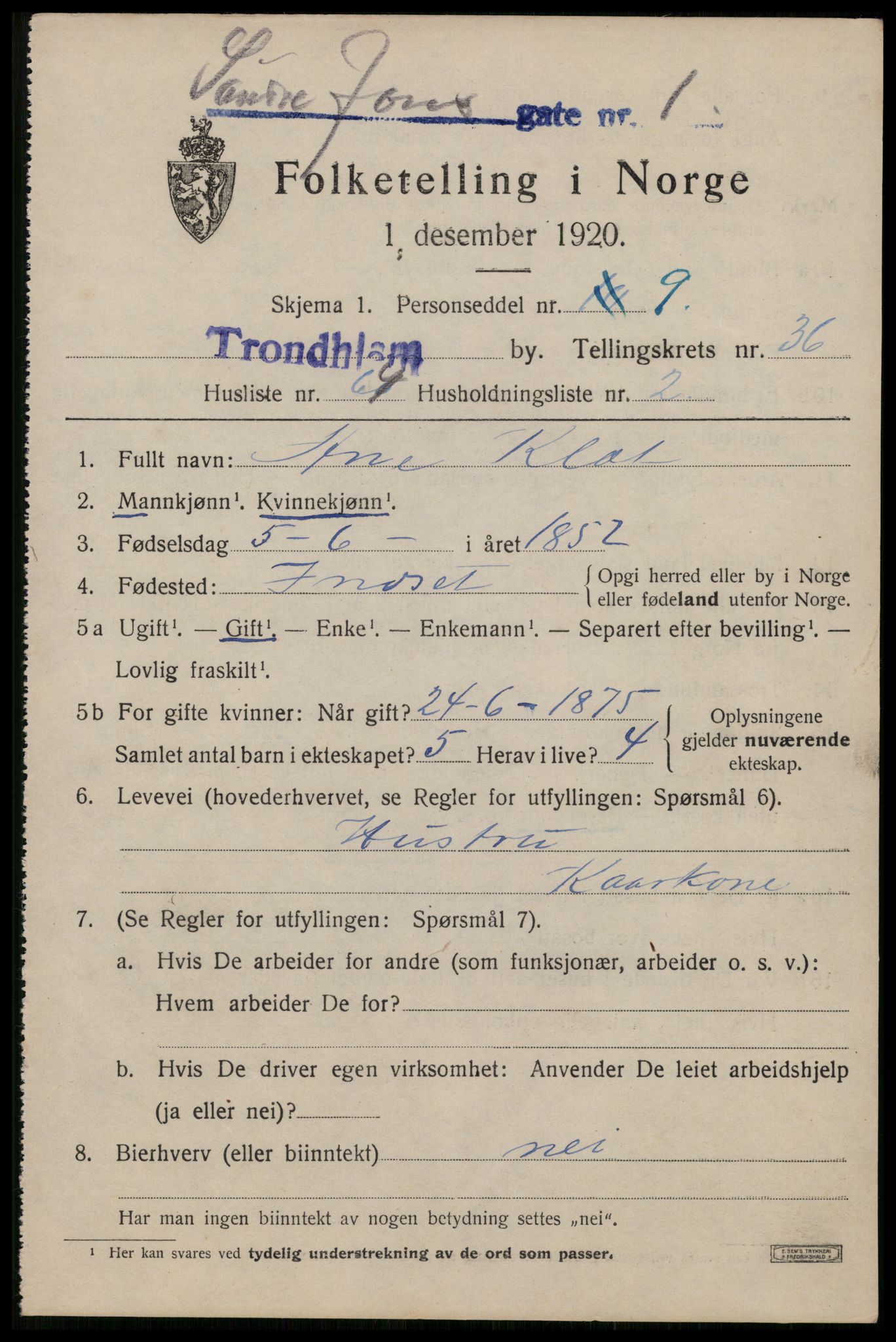 SAT, 1920 census for Trondheim, 1920, p. 84338