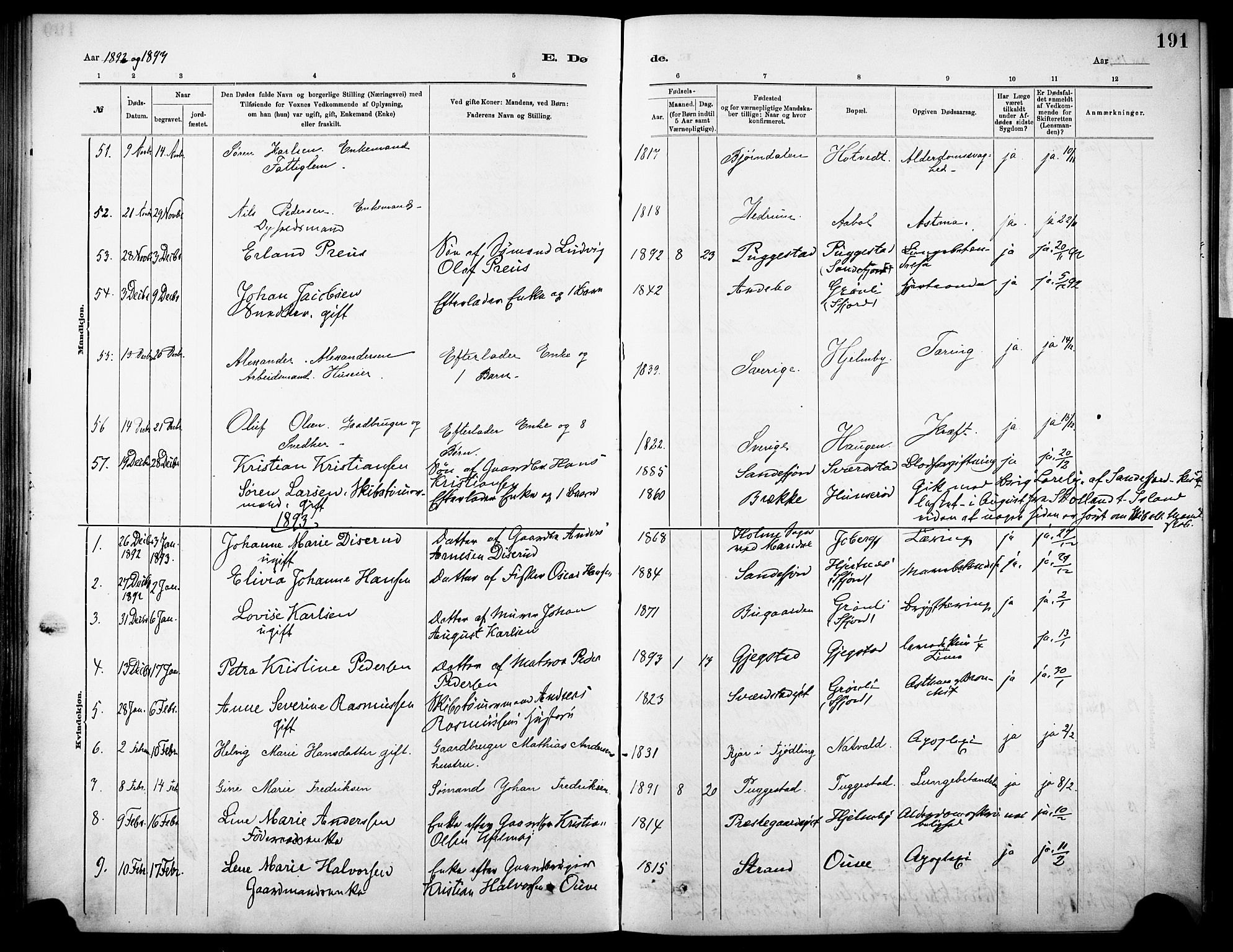 Sandar kirkebøker, SAKO/A-243/F/Fa/L0013: Parish register (official) no. 13, 1883-1895, p. 191