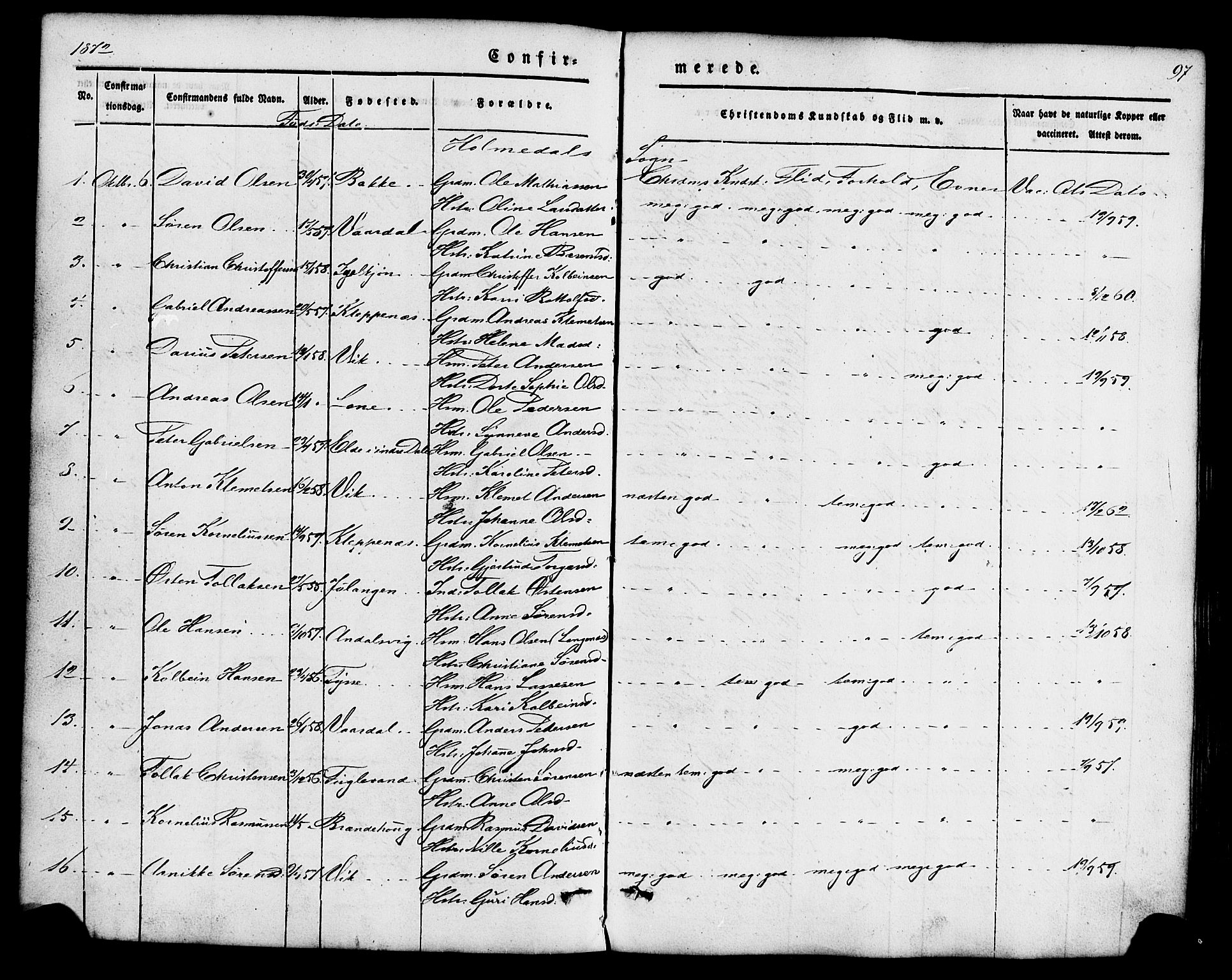 Fjaler sokneprestembete, AV/SAB-A-79801/H/Haa/Haaa/L0008: Parish register (official) no. A 8, 1850-1886, p. 97