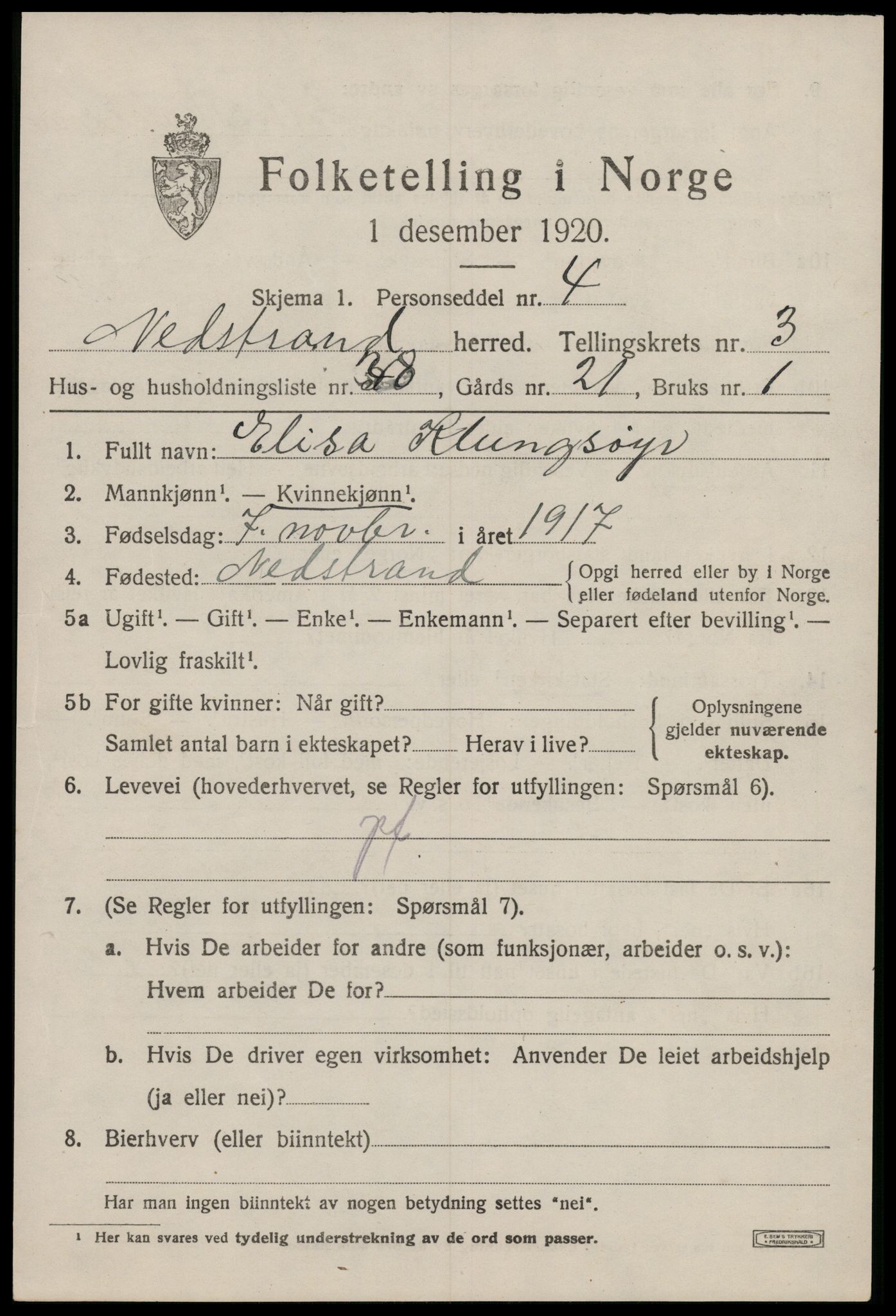 SAST, 1920 census for Nedstrand, 1920, p. 1727