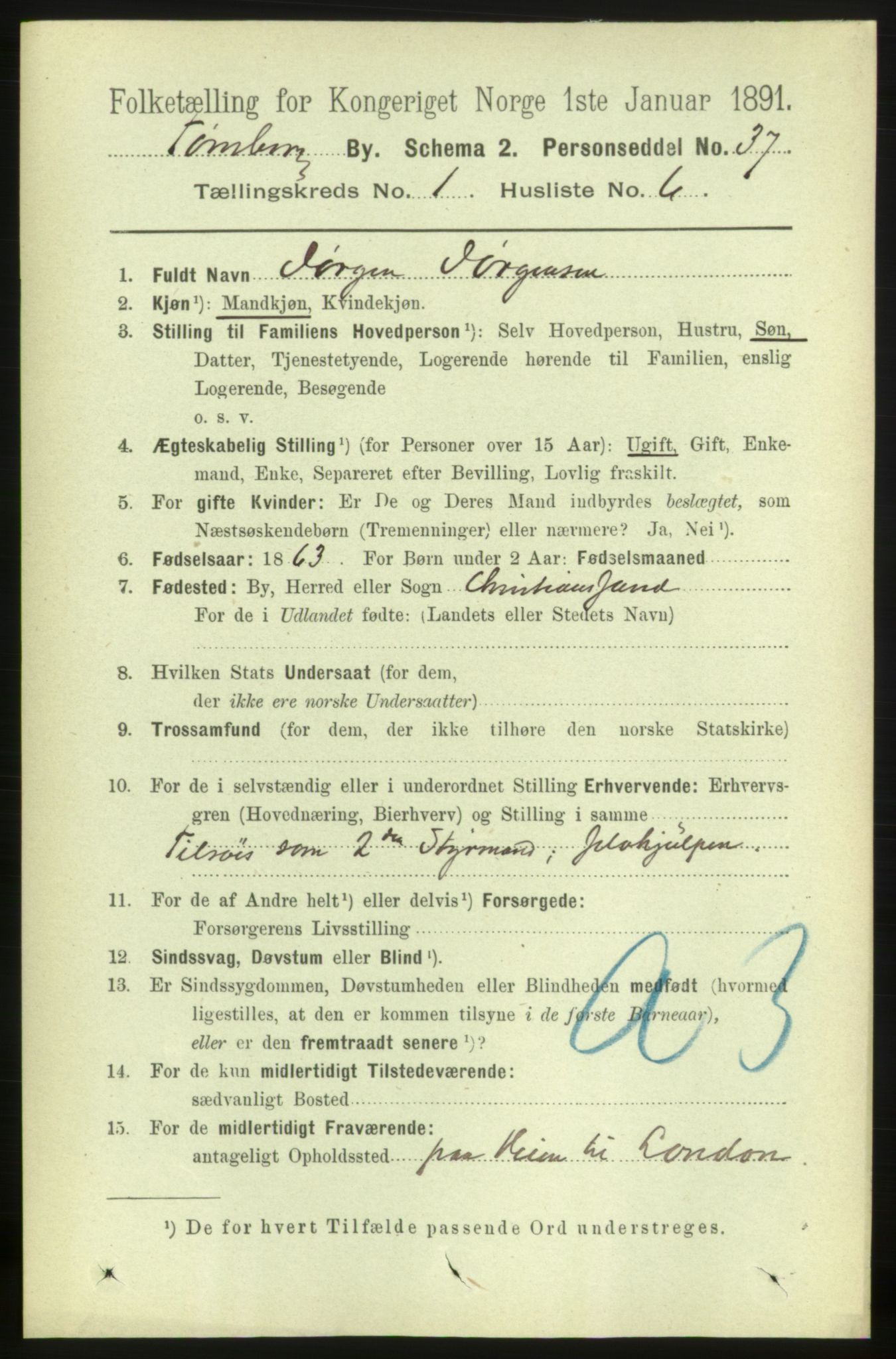 RA, 1891 census for 0705 Tønsberg, 1891, p. 1254