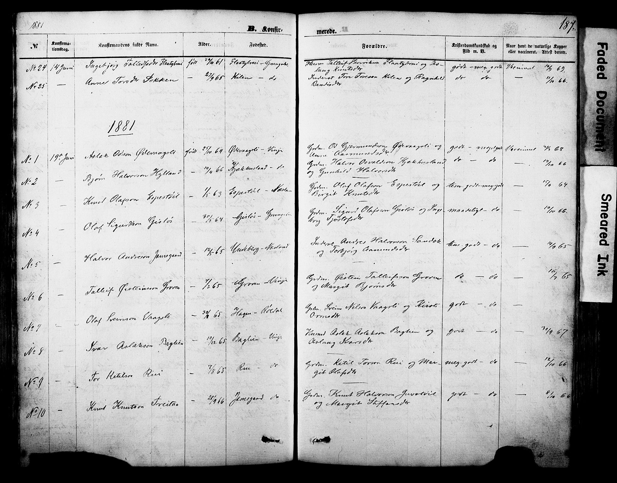 Vinje kirkebøker, AV/SAKO-A-312/F/Fa/L0005: Parish register (official) no. I 5, 1870-1886, p. 187