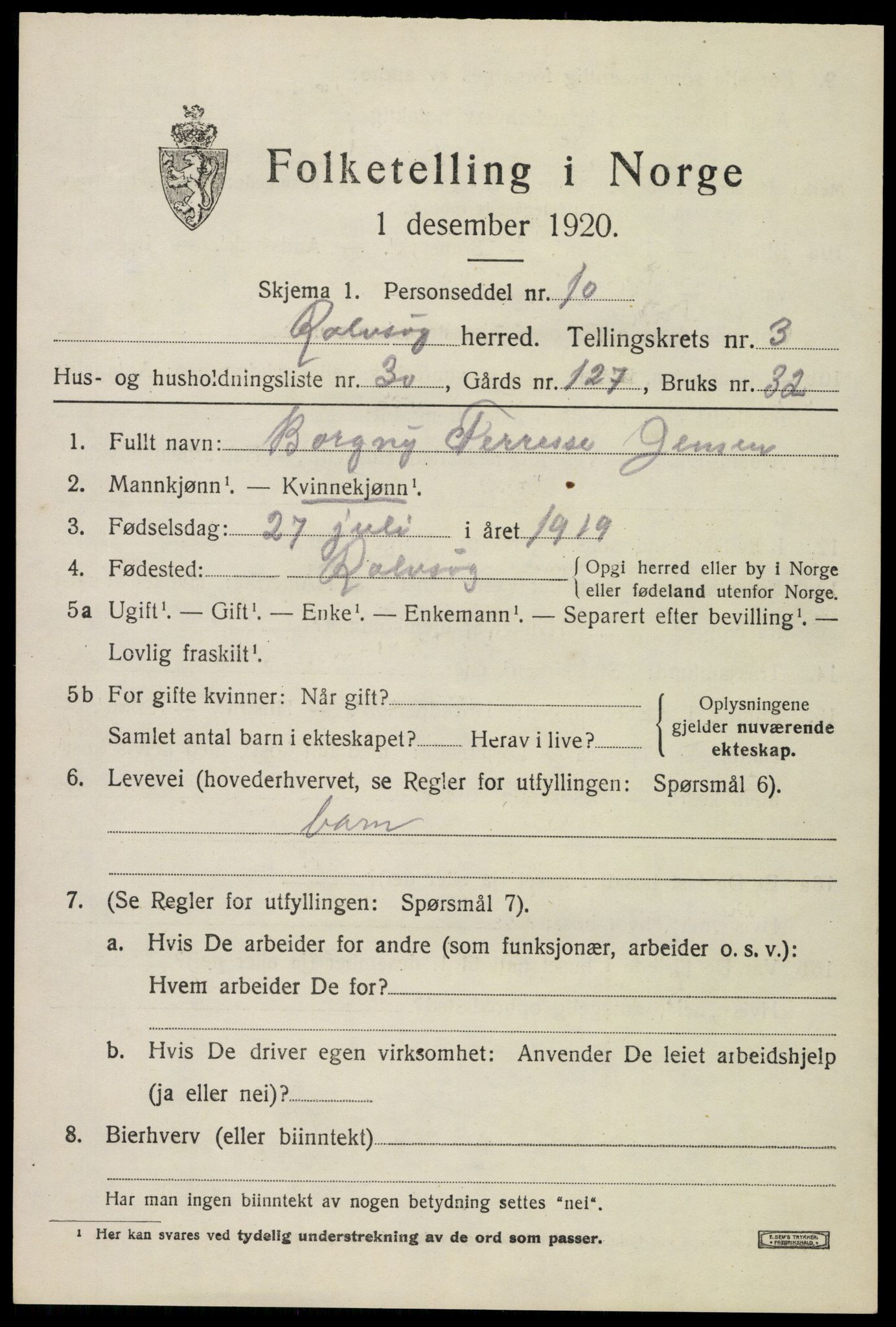 SAO, 1920 census for Rolvsøy, 1920, p. 3229