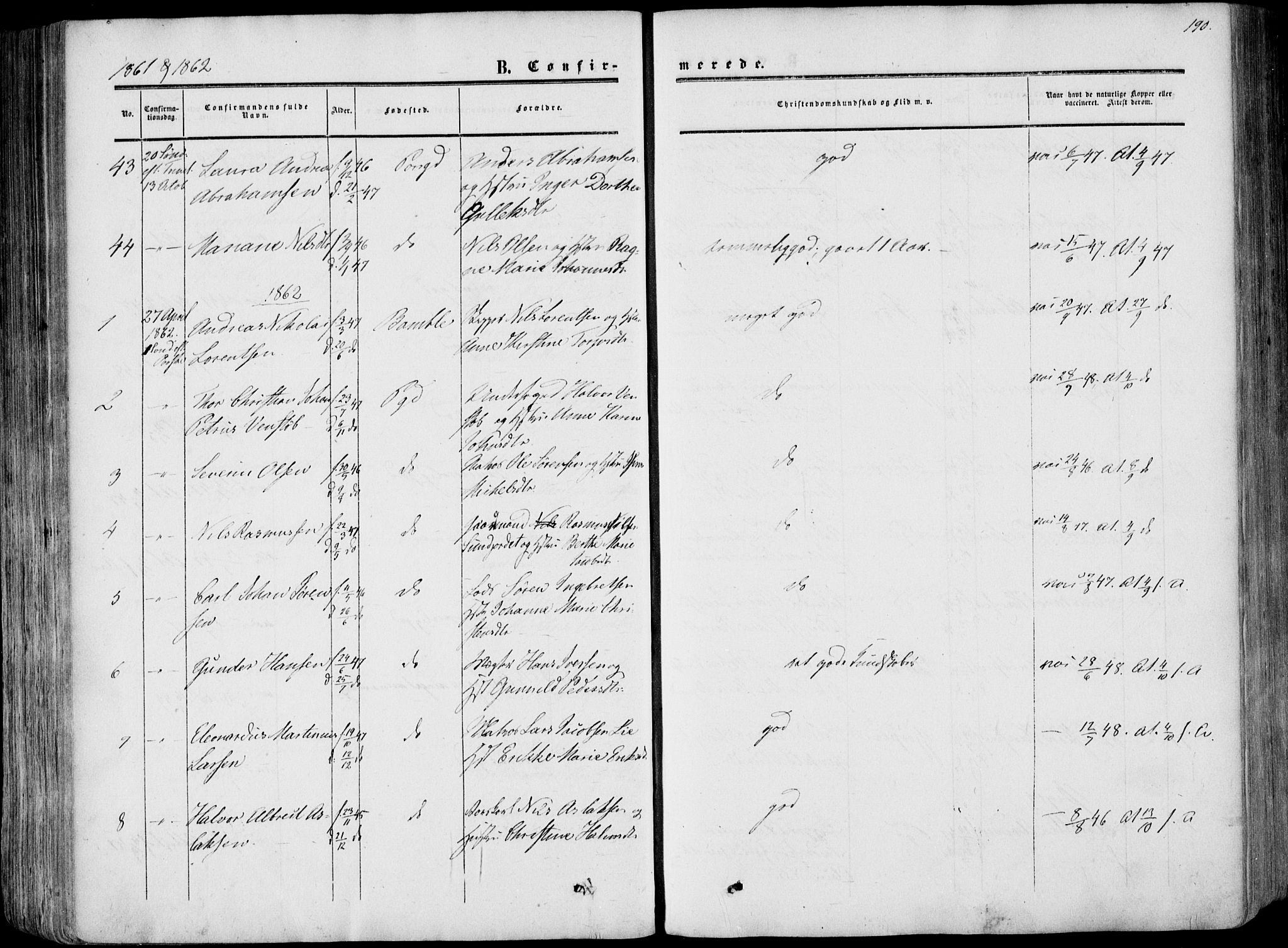 Porsgrunn kirkebøker , SAKO/A-104/F/Fa/L0007: Parish register (official) no. 7, 1858-1877, p. 190