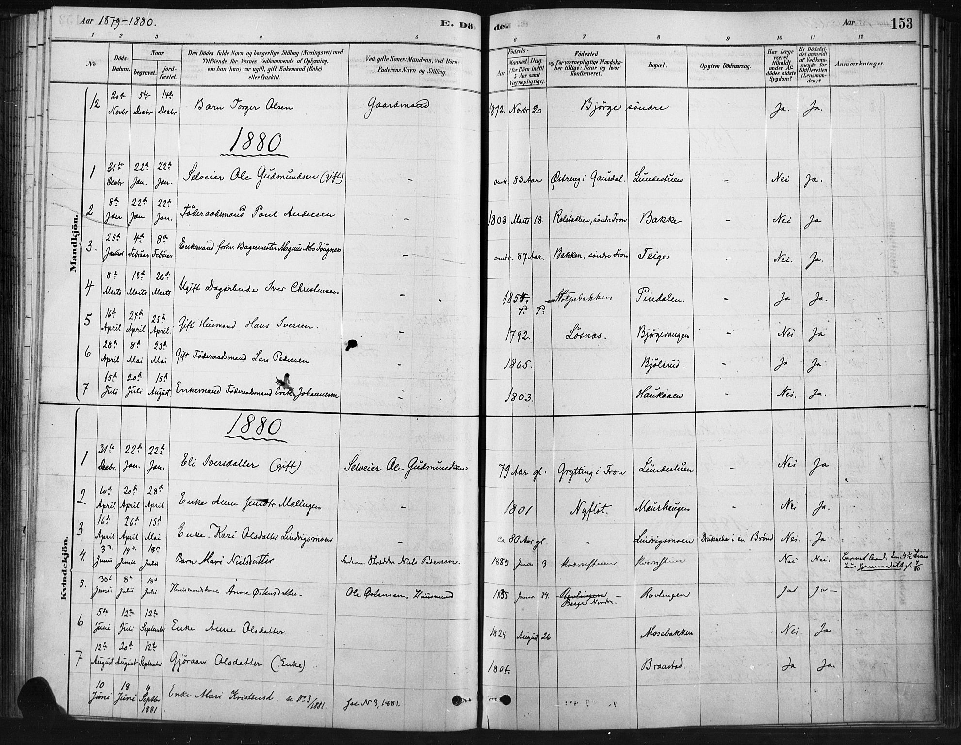 Ringebu prestekontor, SAH/PREST-082/H/Ha/Haa/L0009: Parish register (official) no. 9, 1878-1898, p. 153