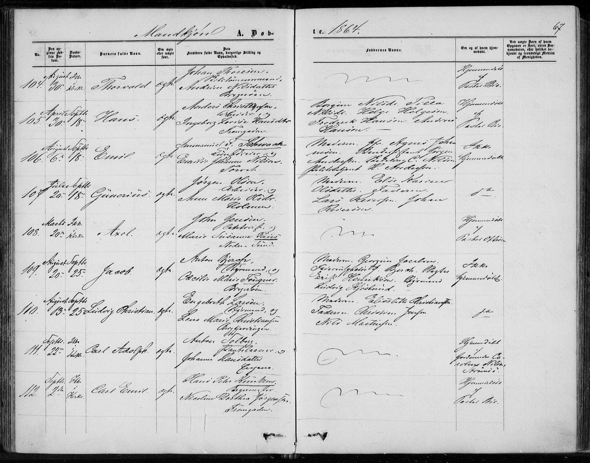 Bragernes kirkebøker, AV/SAKO-A-6/F/Fb/L0003: Parish register (official) no. II 3, 1860-1868, p. 67