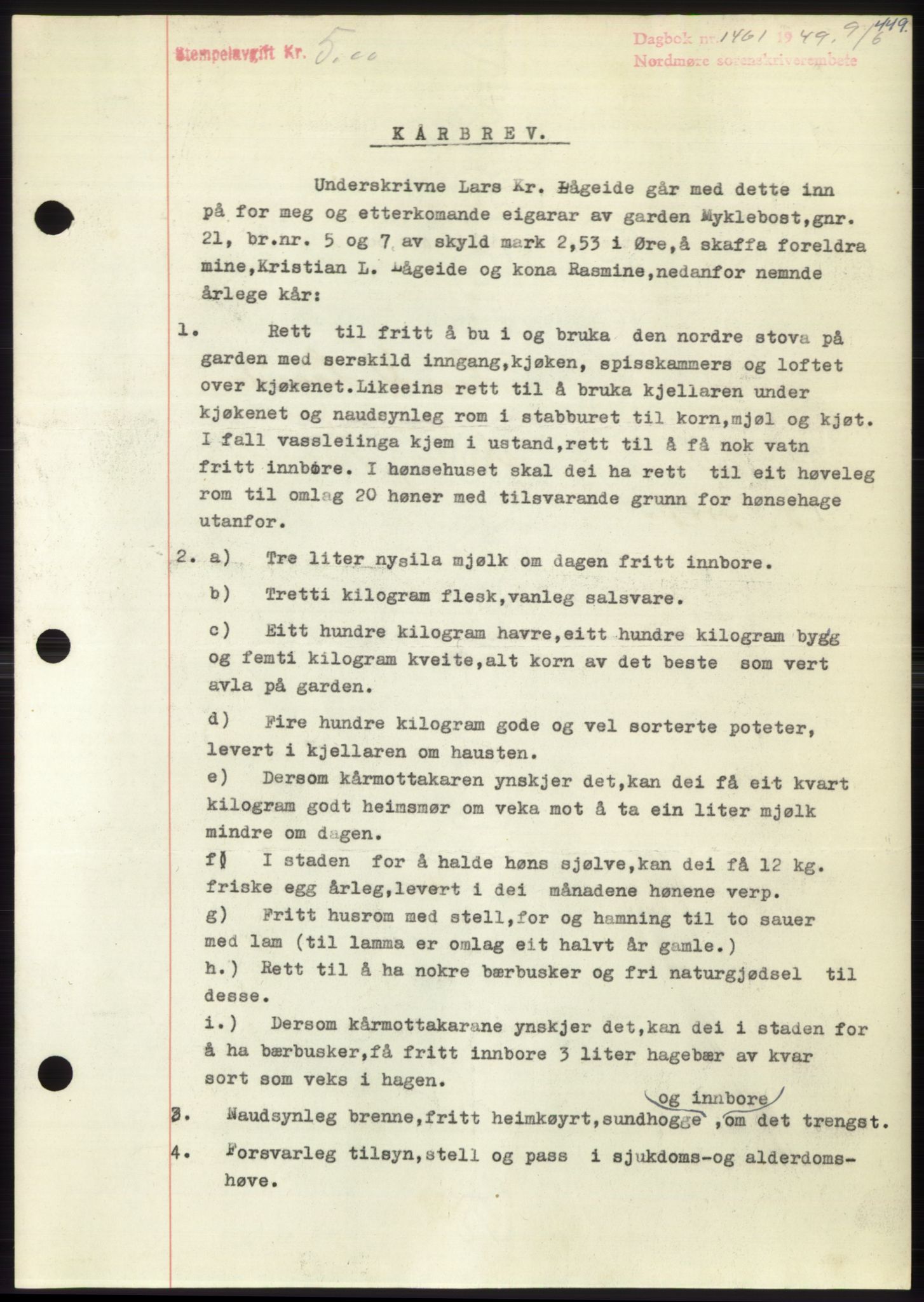 Nordmøre sorenskriveri, AV/SAT-A-4132/1/2/2Ca: Mortgage book no. B101, 1949-1949, Diary no: : 1461/1949