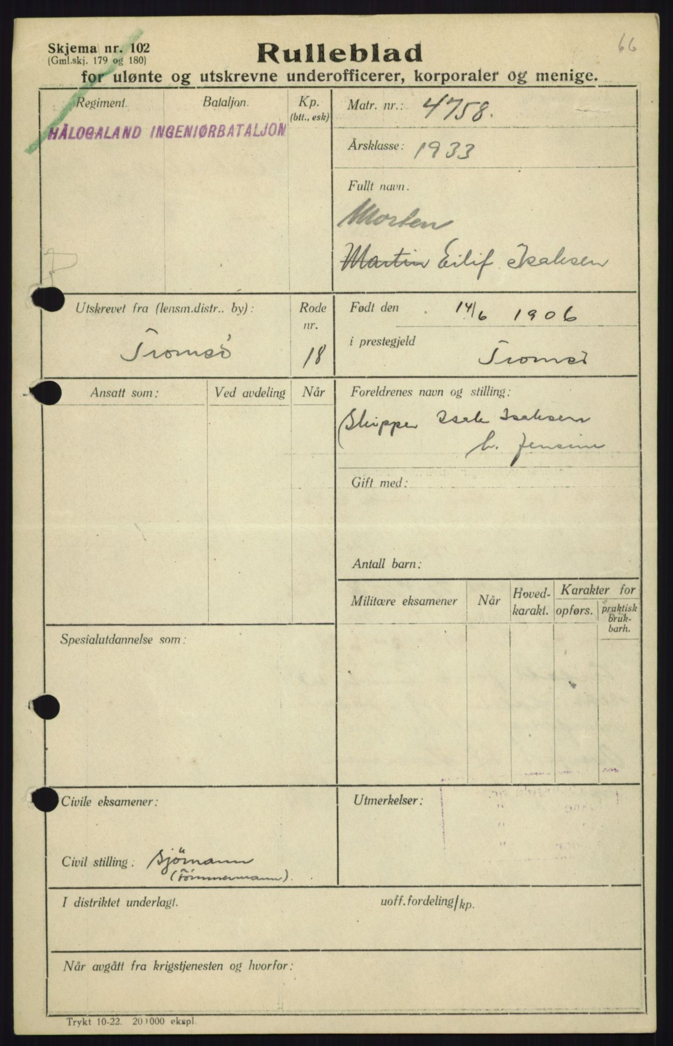 Forsvaret, Troms infanteriregiment nr. 16, AV/RA-RAFA-3146/P/Pa/L0017: Rulleblad for regimentets menige mannskaper, årsklasse 1933, 1933, p. 517