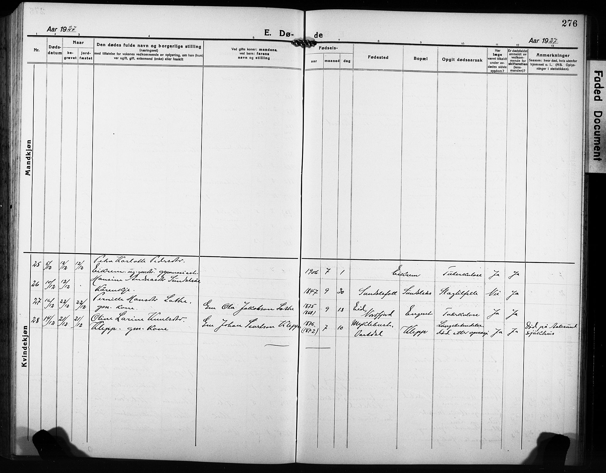 Ministerialprotokoller, klokkerbøker og fødselsregistre - Møre og Romsdal, AV/SAT-A-1454/511/L0160: Parish register (copy) no. 511C06, 1920-1932, p. 276