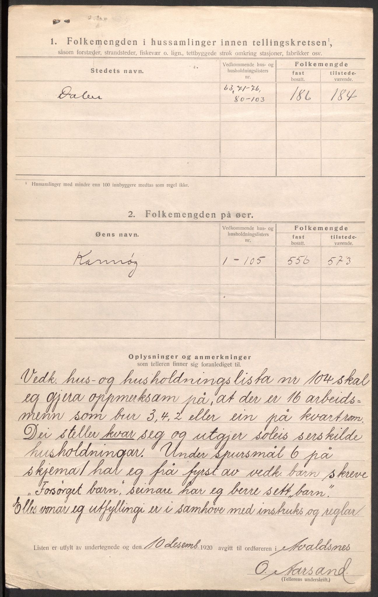 SAST, 1920 census for Avaldsnes, 1920, p. 16