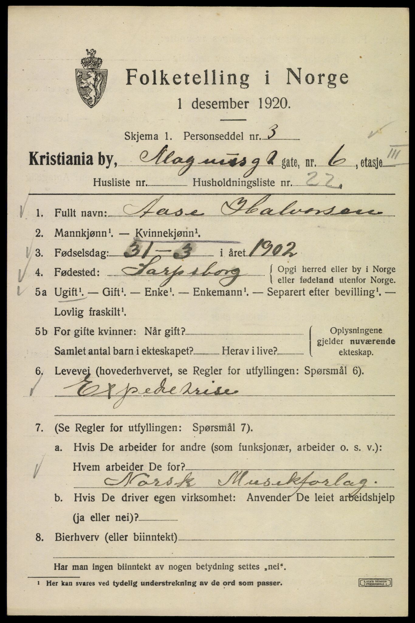 SAO, 1920 census for Kristiania, 1920, p. 371027