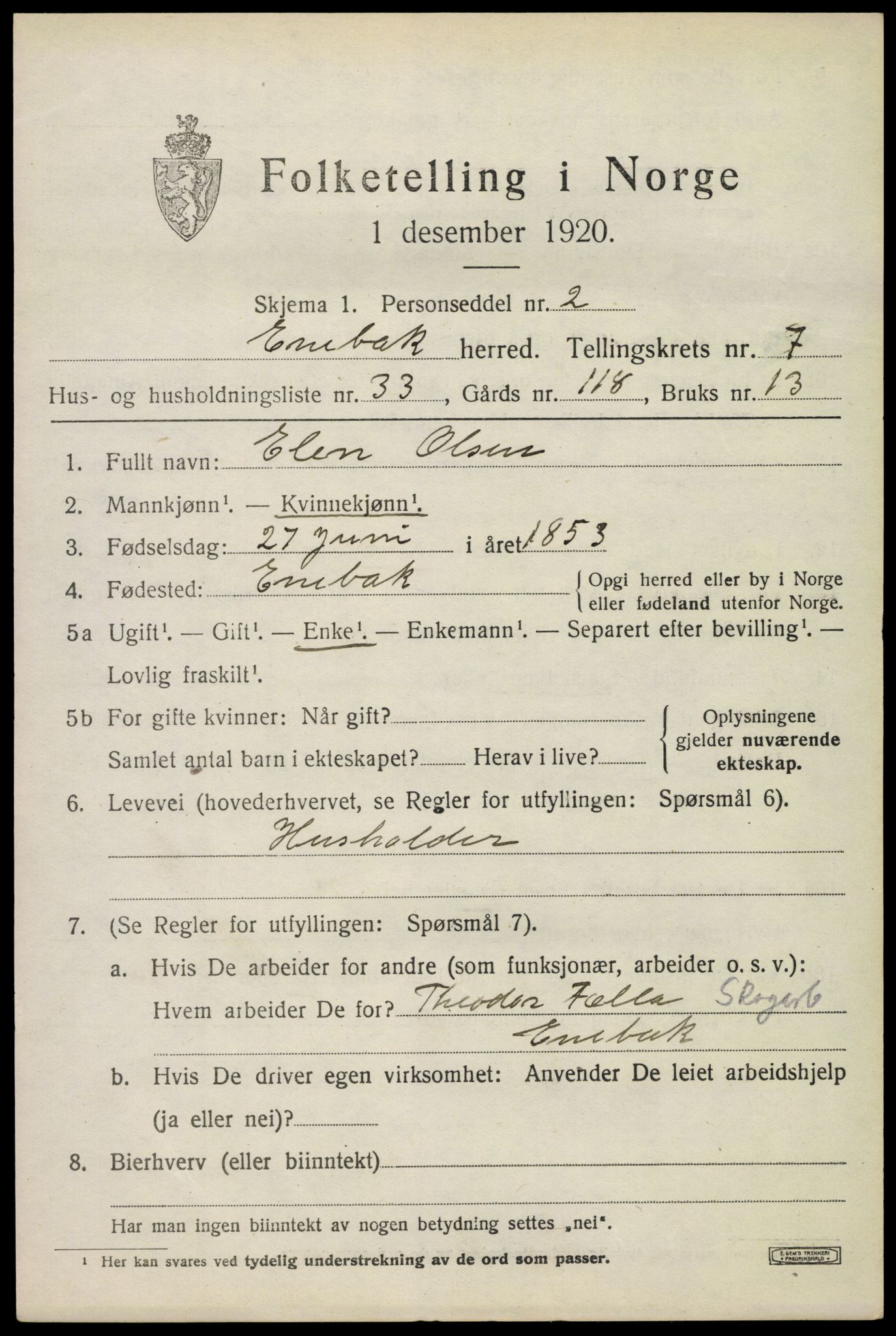 SAO, 1920 census for Enebakk, 1920, p. 6471