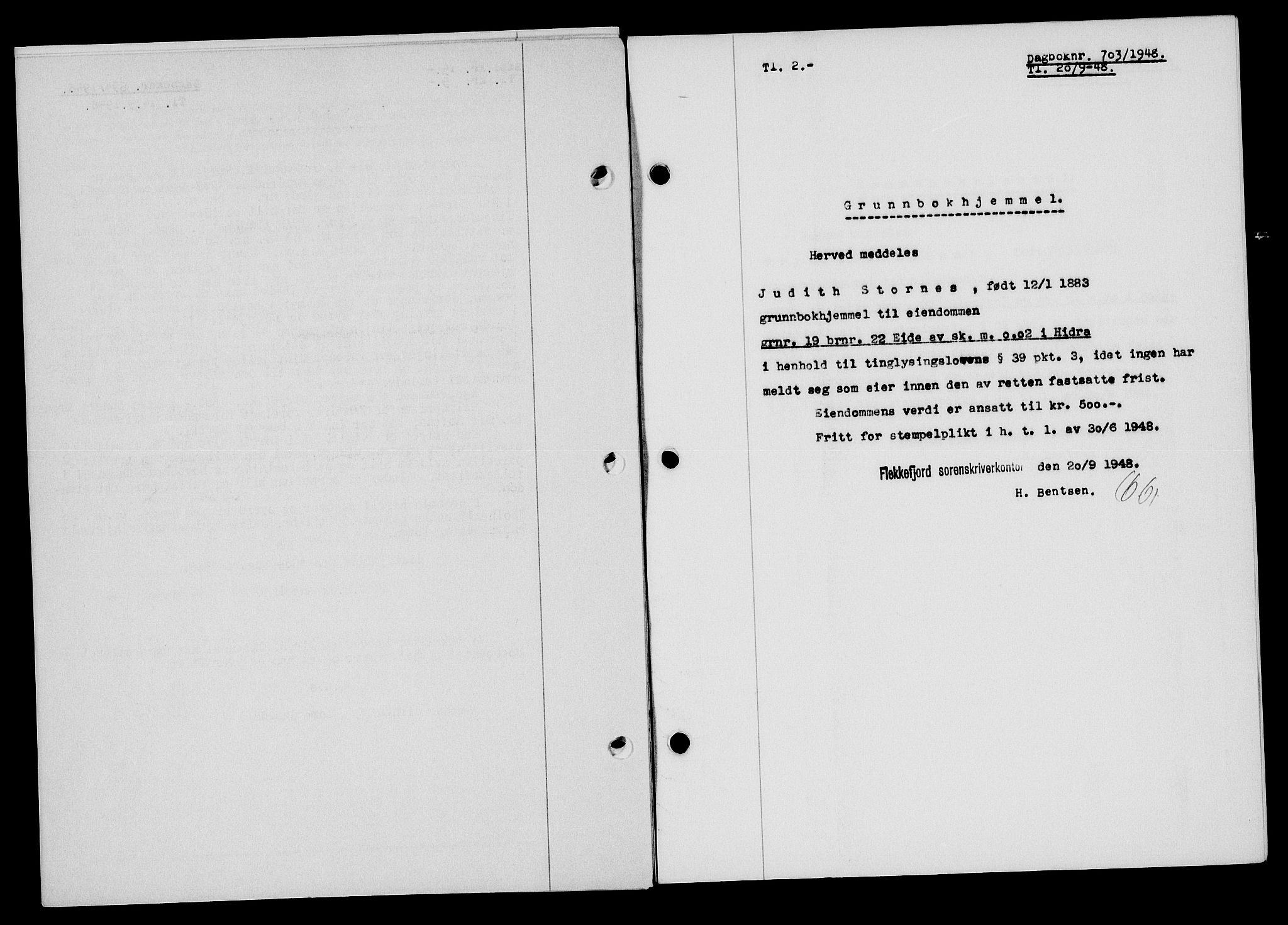 Flekkefjord sorenskriveri, SAK/1221-0001/G/Gb/Gba/L0064: Mortgage book no. A-12, 1948-1949, Diary no: : 703/1948