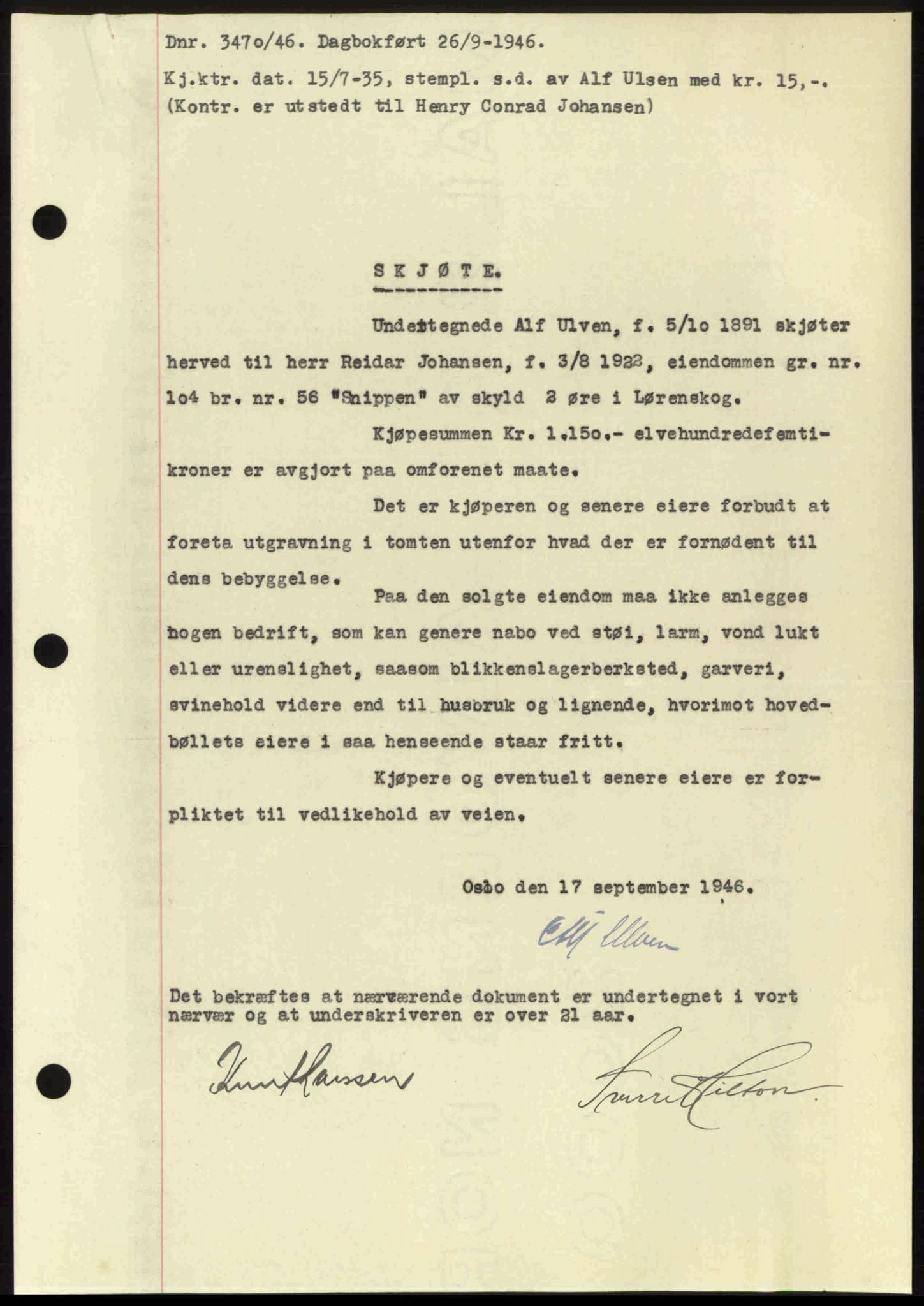 Nedre Romerike sorenskriveri, AV/SAO-A-10469/G/Gb/Gbd/L0017: Mortgage book no. 17, 1946-1946, Diary no: : 3470/1946