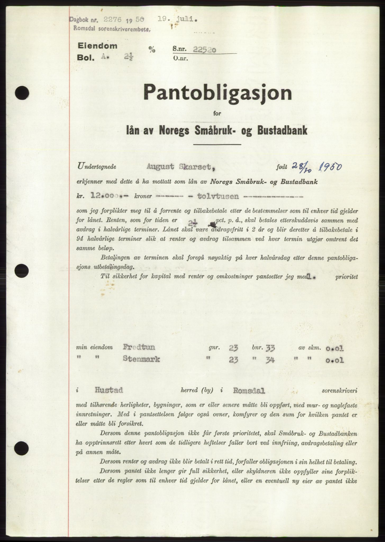 Romsdal sorenskriveri, AV/SAT-A-4149/1/2/2C: Mortgage book no. B5, 1949-1950, Diary no: : 2276/1950