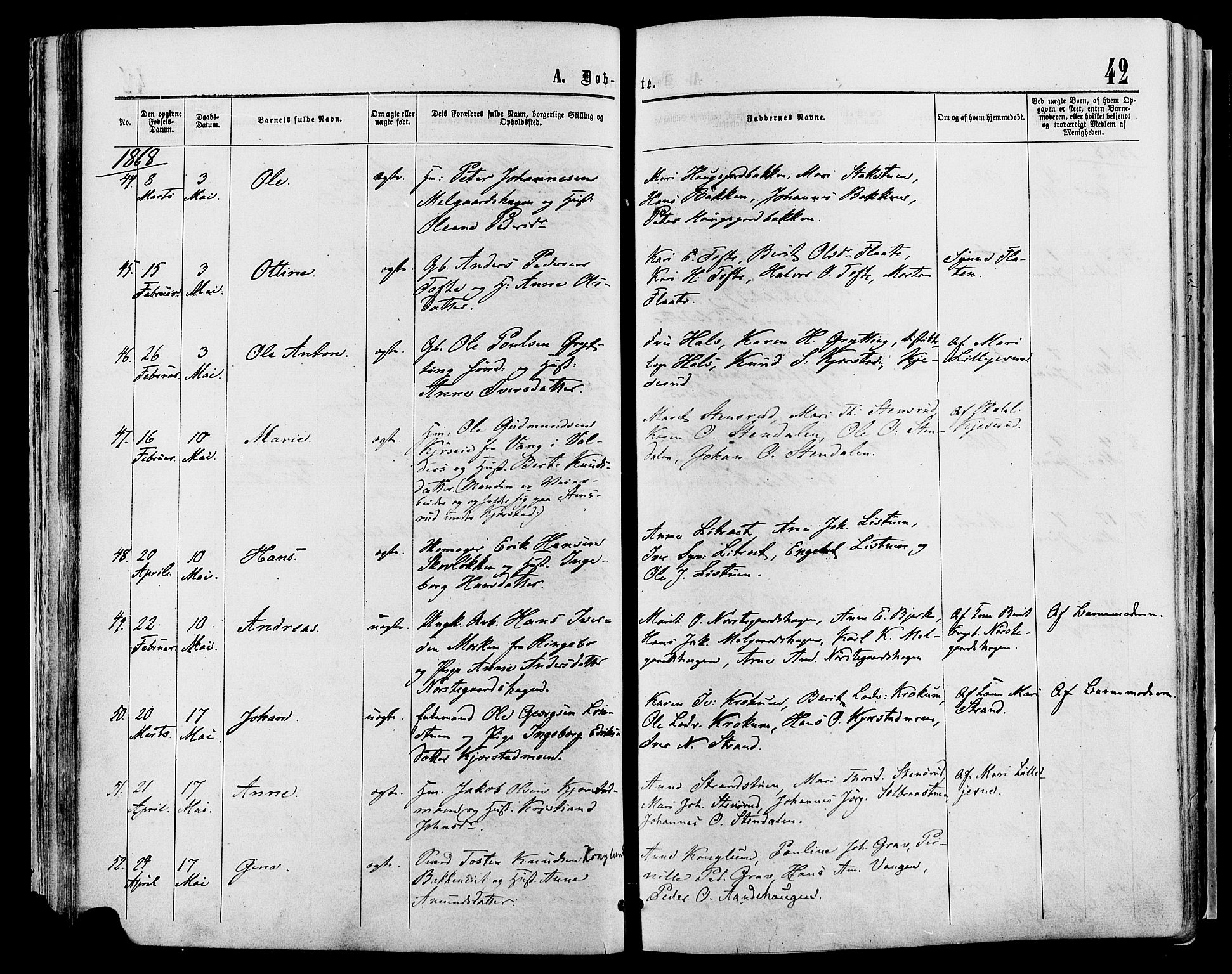 Sør-Fron prestekontor, SAH/PREST-010/H/Ha/Haa/L0002: Parish register (official) no. 2, 1864-1880, p. 42