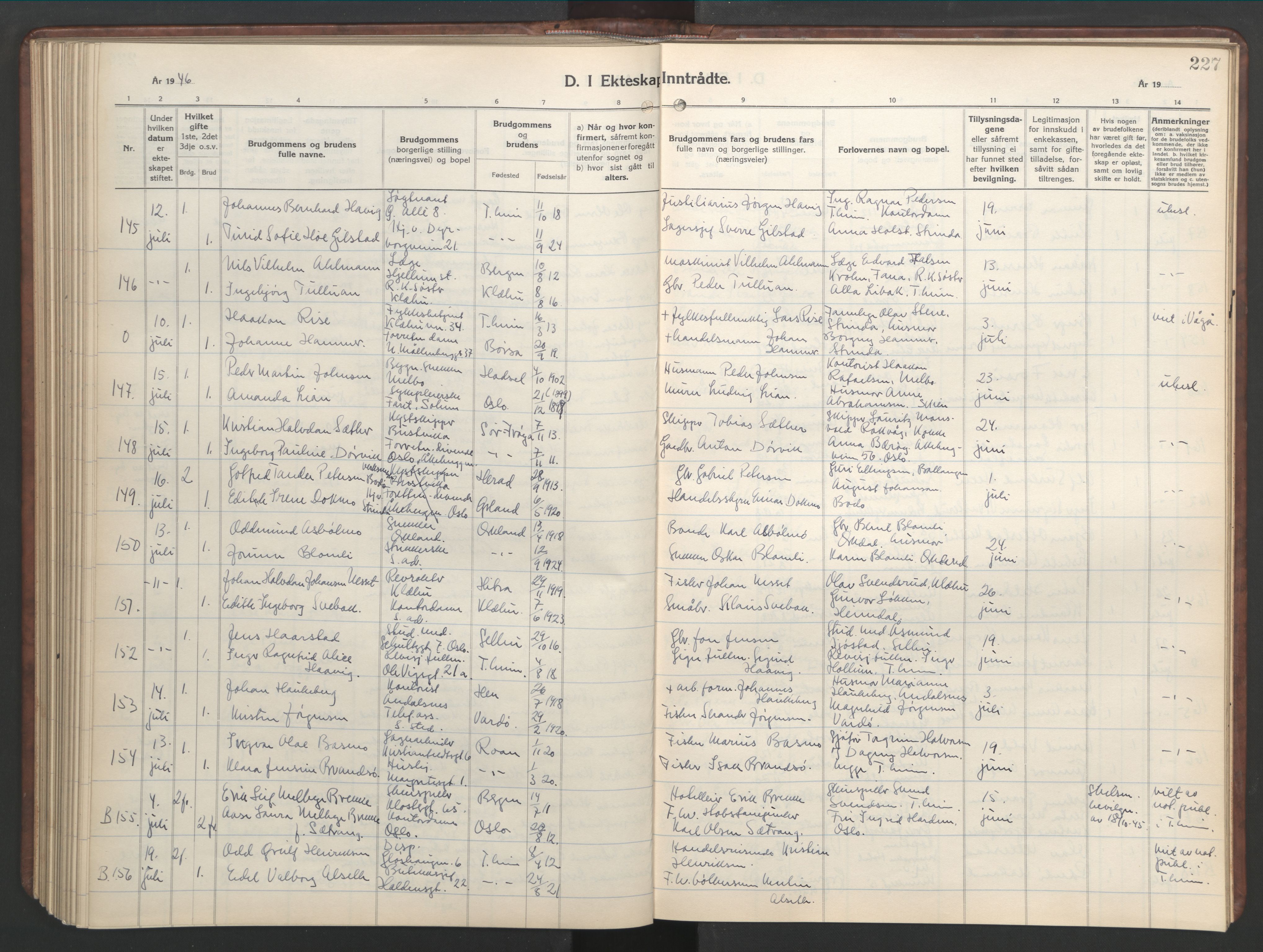 Ministerialprotokoller, klokkerbøker og fødselsregistre - Sør-Trøndelag, SAT/A-1456/601/L0101: Parish register (copy) no. 601C19, 1935-1946, p. 227