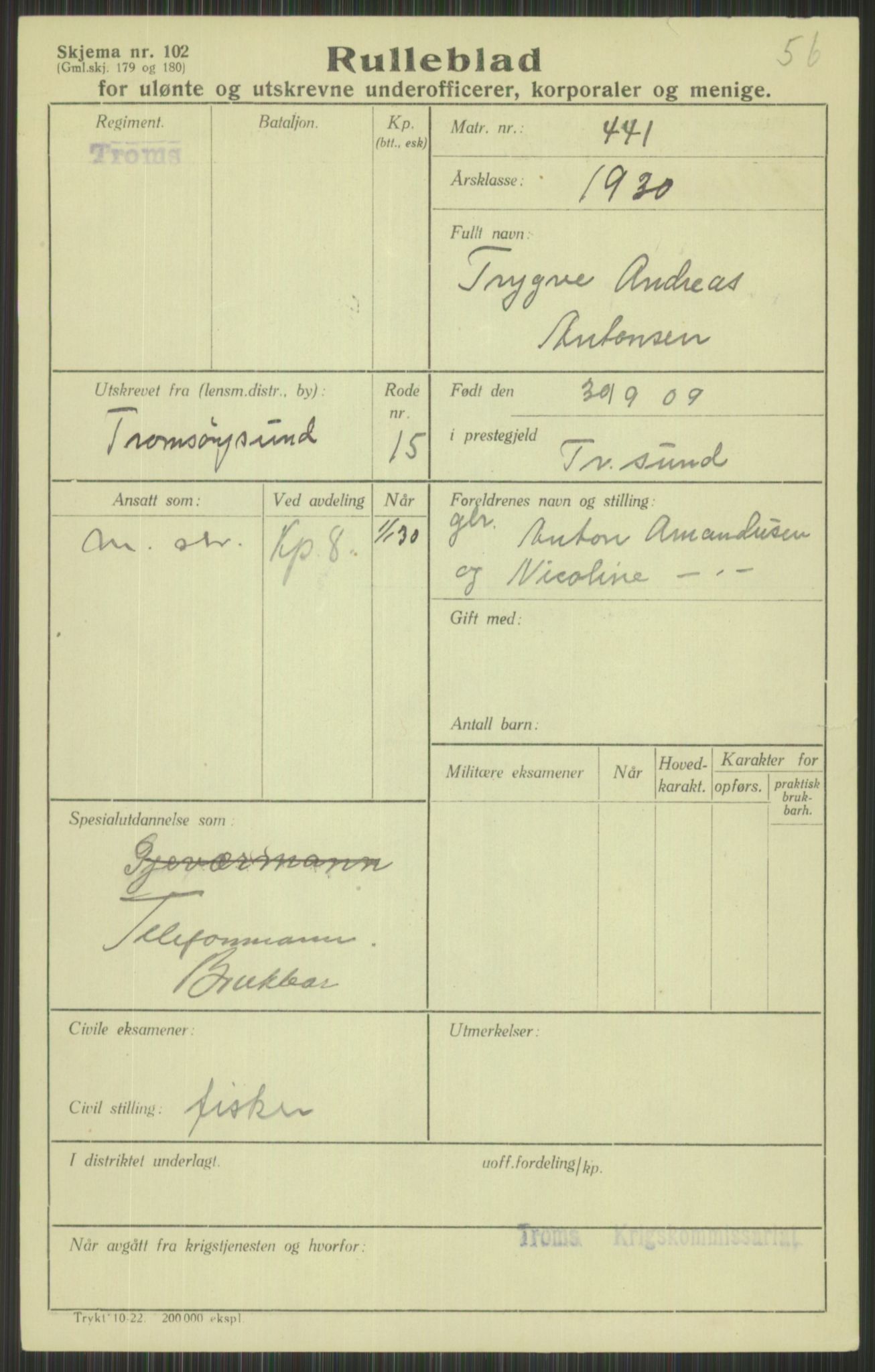 Forsvaret, Troms infanteriregiment nr. 16, AV/RA-RAFA-3146/P/Pa/L0014: Rulleblad for regimentets menige mannskaper, årsklasse 1930, 1930, p. 43