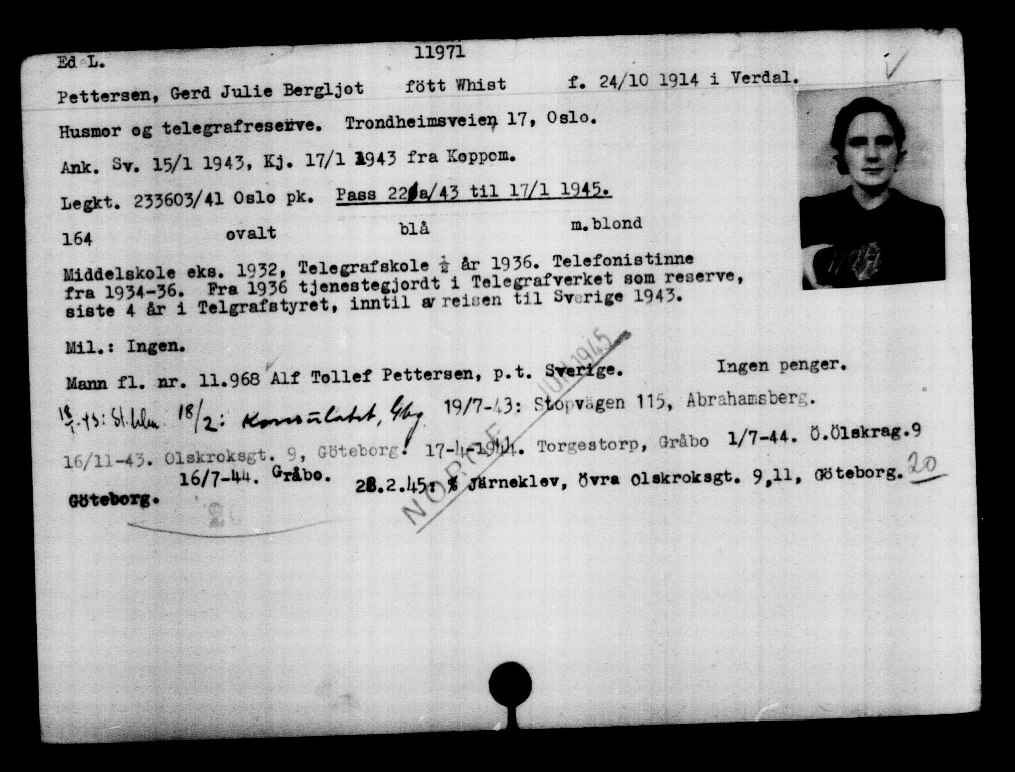 Utenriksstasjonene, Legasjonen i Stockholm, Flyktningkontoret, AV/RA-S-6753/V/Va/L0006: Kjesäterkartoteket, flyktninger med registreringsnr. 9400-12711, 1940-1945, p. 2912