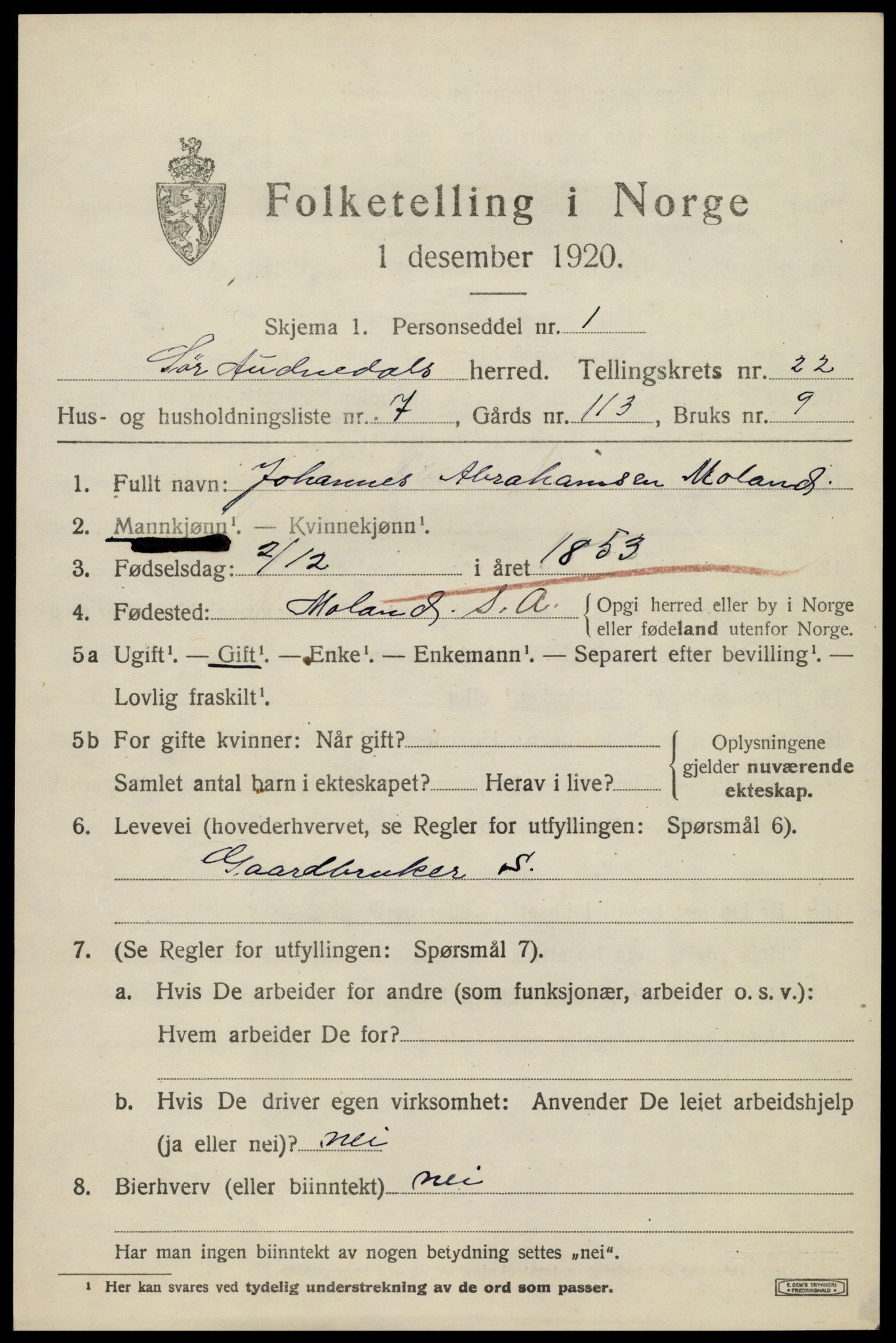 SAK, 1920 census for Sør-Audnedal, 1920, p. 7153