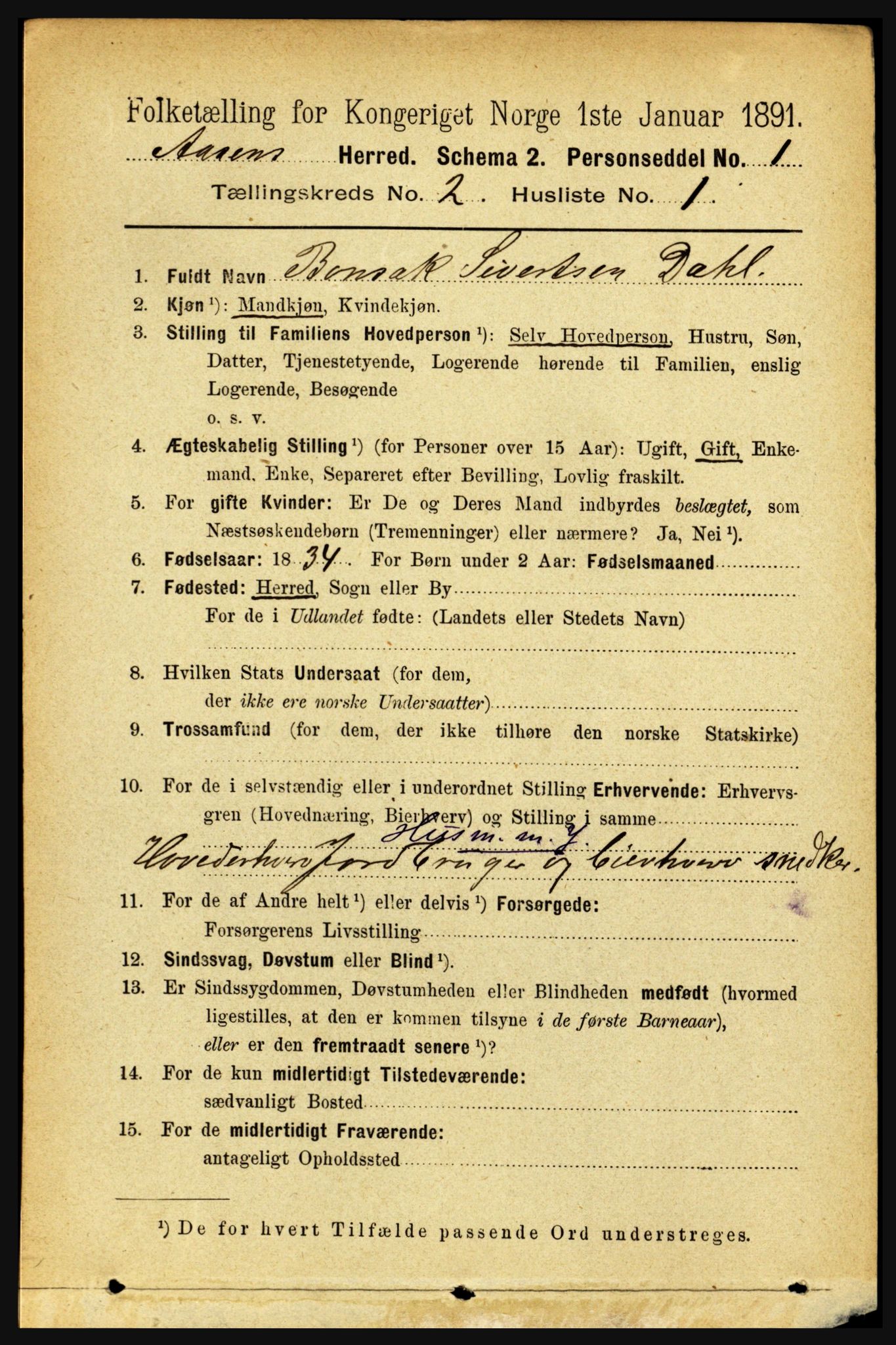 RA, 1891 census for 1716 Åsen, 1891, p. 606