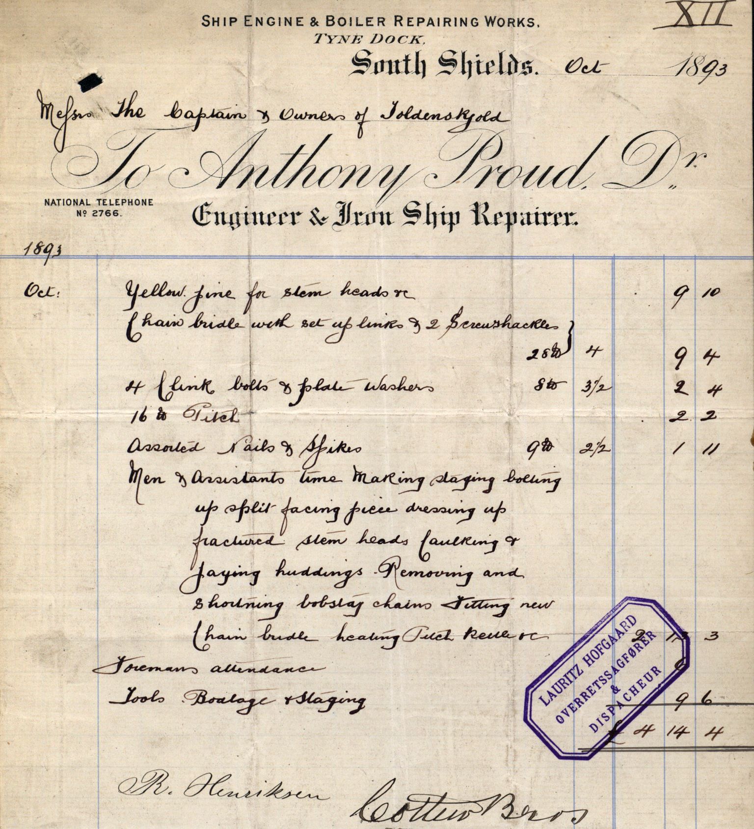 Pa 63 - Østlandske skibsassuranceforening, VEMU/A-1079/G/Ga/L0030/0003: Havaridokumenter / Rex, Salus, Schweigaard, Seladon, Titania, Tordenskjold av Trondhjem, 1893, p. 68
