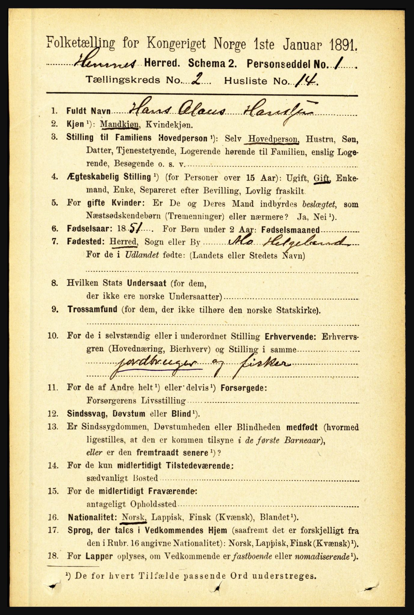 RA, 1891 census for 1832 Hemnes, 1891, p. 1366